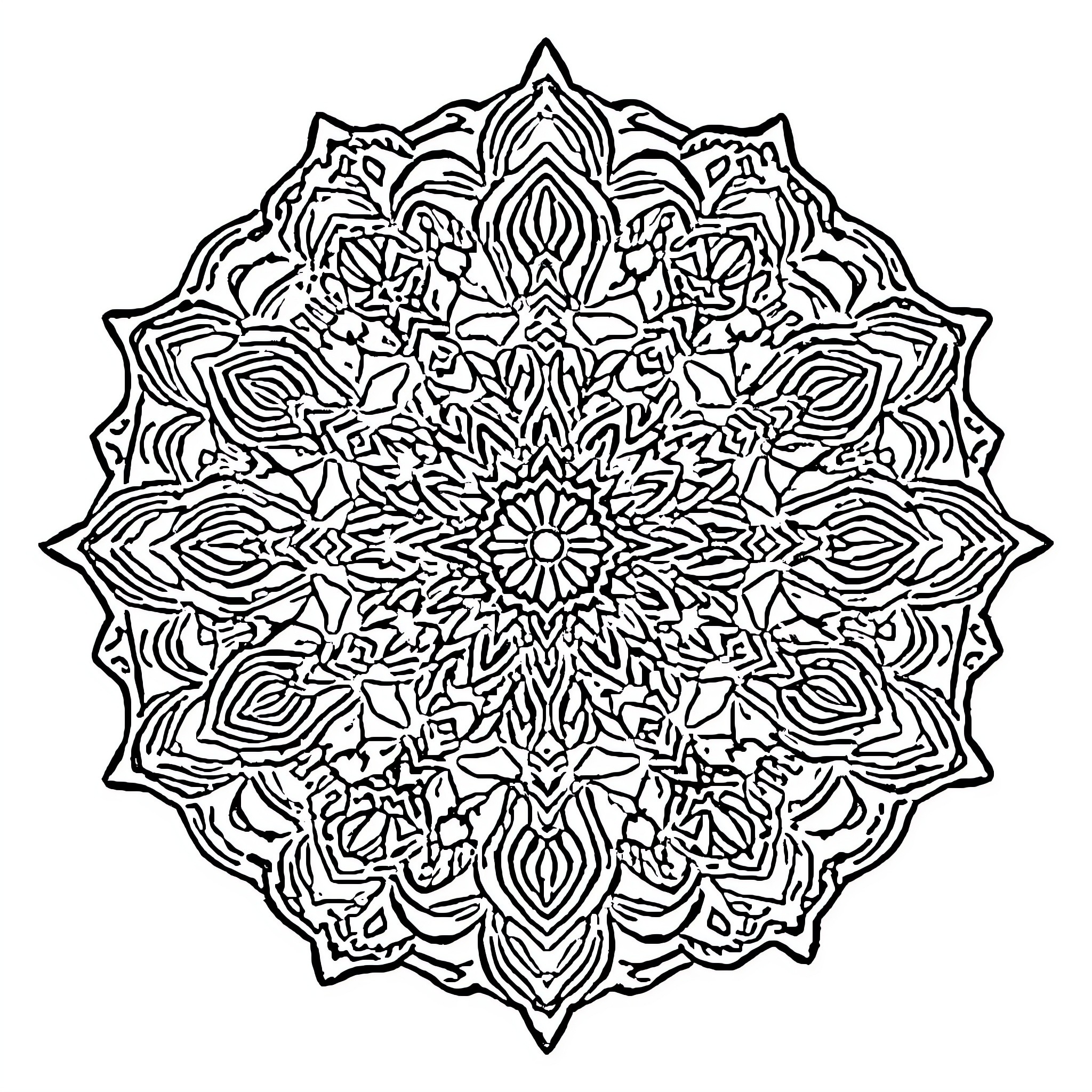 Mandala of intricate floral patterns and geometric shapes Coloring Page (free black-and-white line drawing printable PDF for all, from beginners to advanced learners, including children, teens, adults, and seniors)