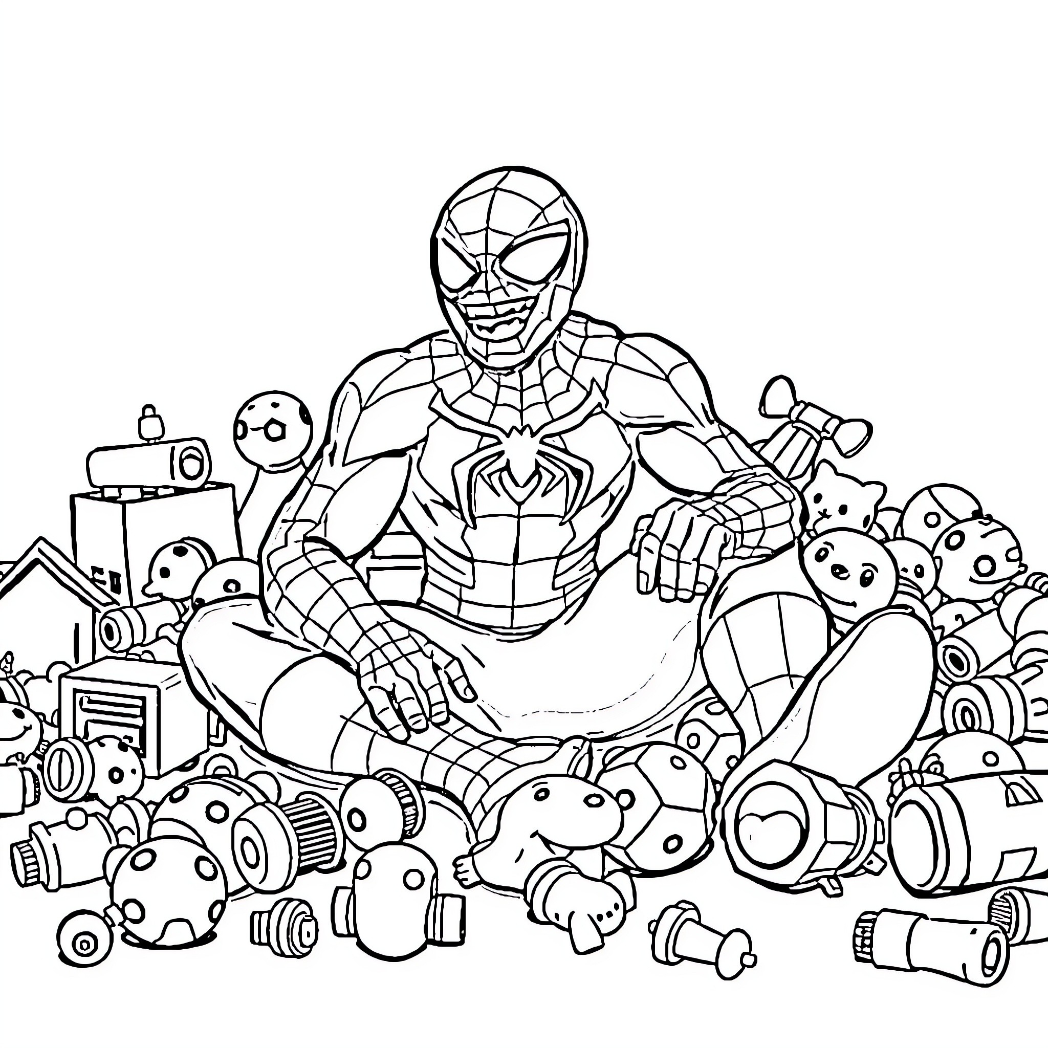 Spider-Man surrounded by toys and gadgets Coloring Page (free black-and-white line drawing printable PDF for all, from beginners to advanced learners, including children, teens, adults, and seniors)