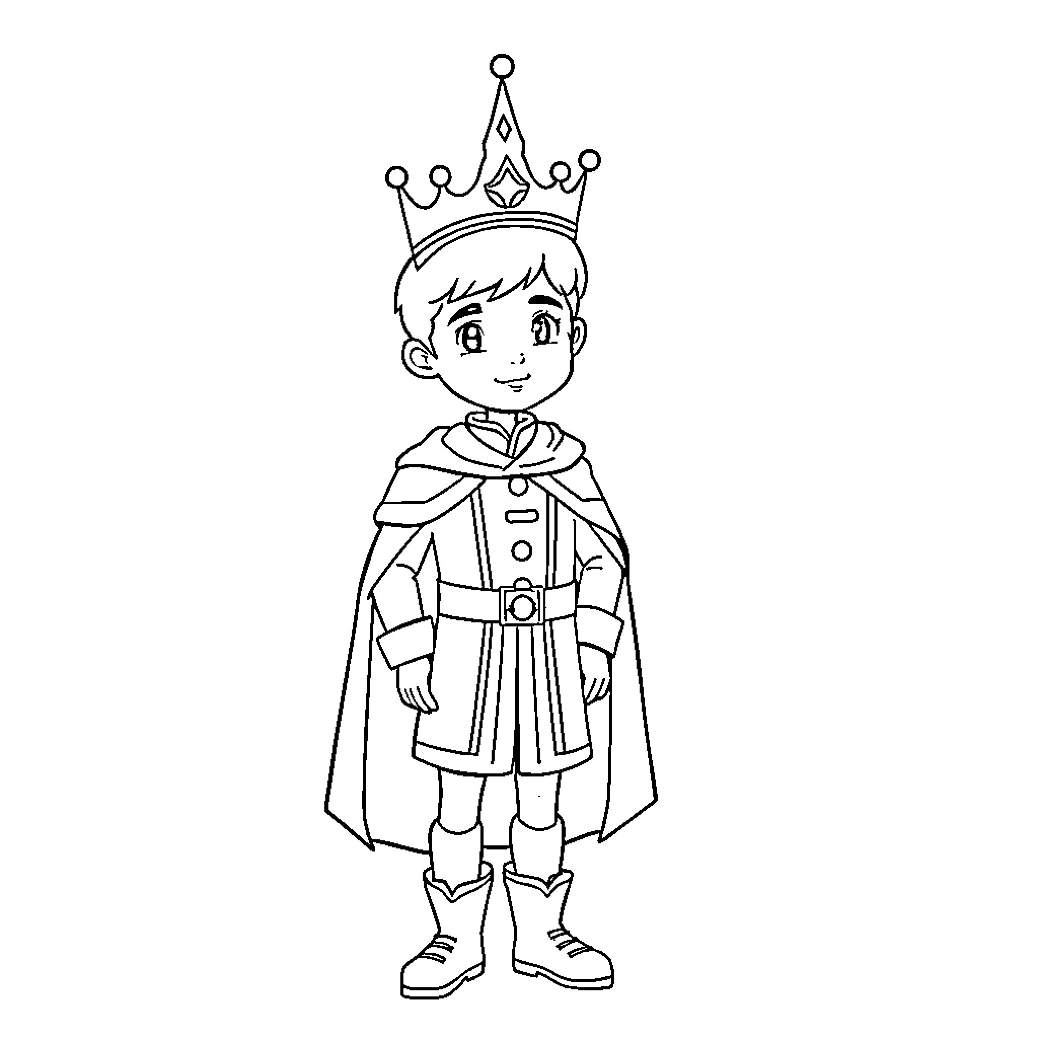 Prince in Regal Attire and Crown Coloring Page (free black-and-white line drawing printable PDF for all, from beginners to advanced learners, including children, teens, adults, and seniors)