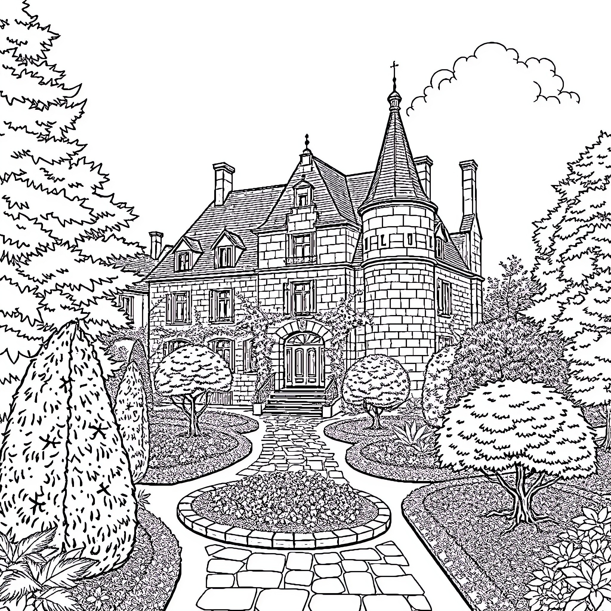 Bunny exploring a fairy tale castle landscape Coloring Page (free black-and-white line drawing printable PDF for all, from beginners to advanced learners, including children, teens, adults, and seniors)