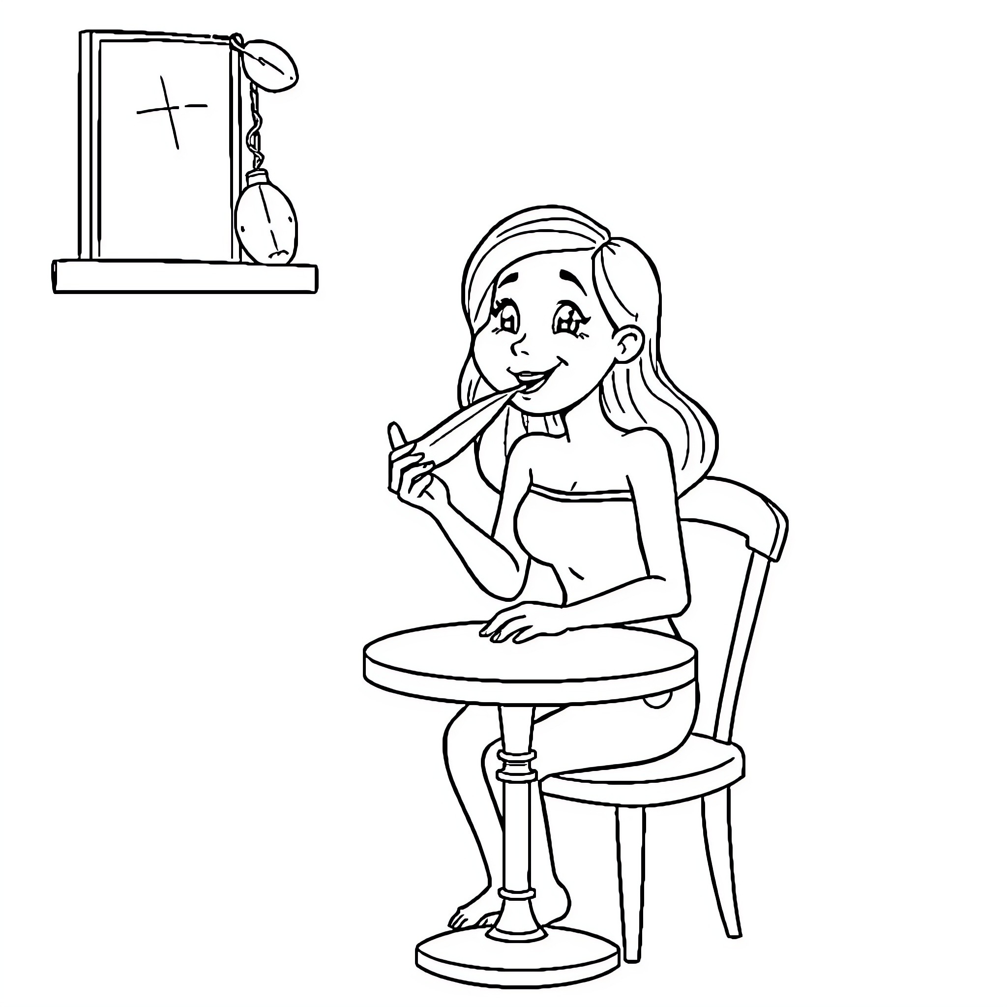 Aude Savidan applying makeup in front of mirror Coloring Page (free black-and-white line drawing printable PDF for all, from beginners to advanced learners, including children, teens, adults, and seniors)