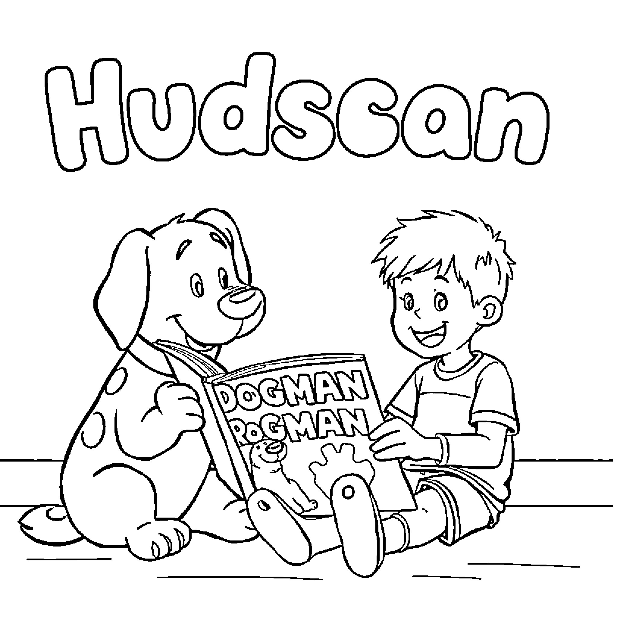 Bluey reading Dogman with a friend Coloring Page (free black-and-white line drawing printable PDF for all, from beginners to advanced learners, including children, teens, adults, and seniors)