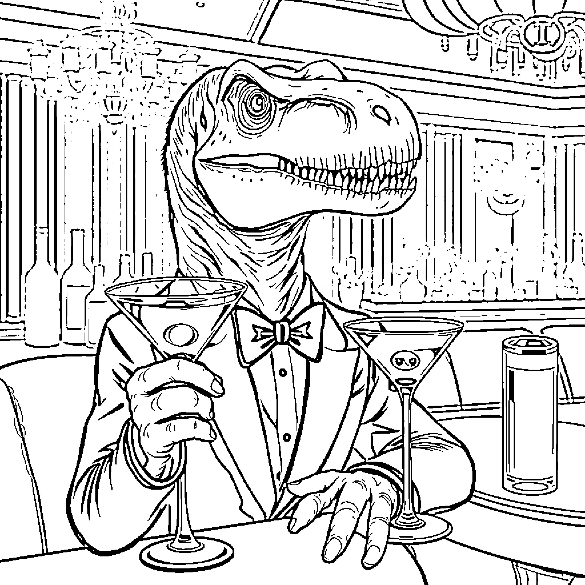 Velociraptor enjoying a cocktail at a bar Coloring Page (free black-and-white line drawing printable PDF for all, from beginners to advanced learners, including children, teens, adults, and seniors)