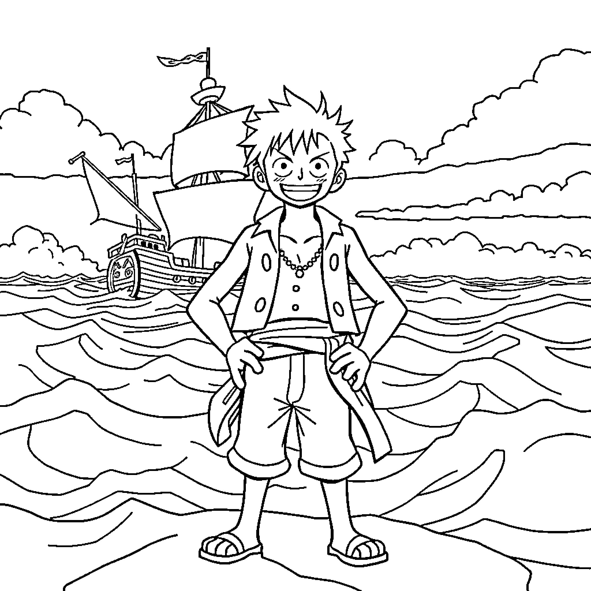 One Piece Protagonist Exploring Seas and Skies Coloring Page (free black-and-white line drawing printable PDF for all, from beginners to advanced learners, including children, teens, adults, and seniors)