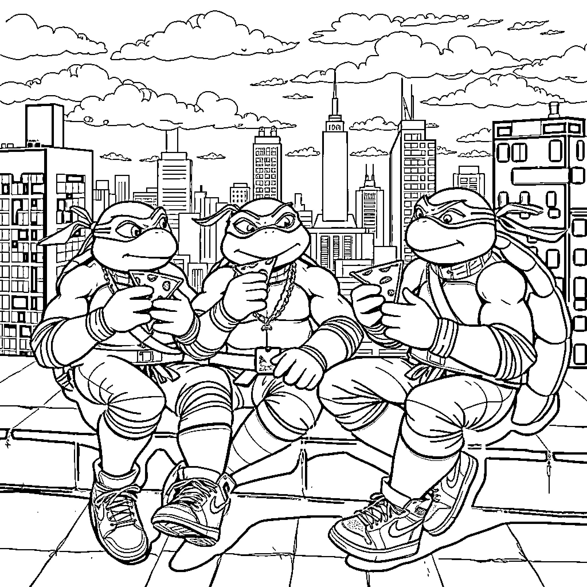 Ninja Turtle Superheroes Relaxing in the City Coloring Page (free black-and-white line drawing printable PDF for all, from beginners to advanced learners, including children, teens, adults, and seniors)
