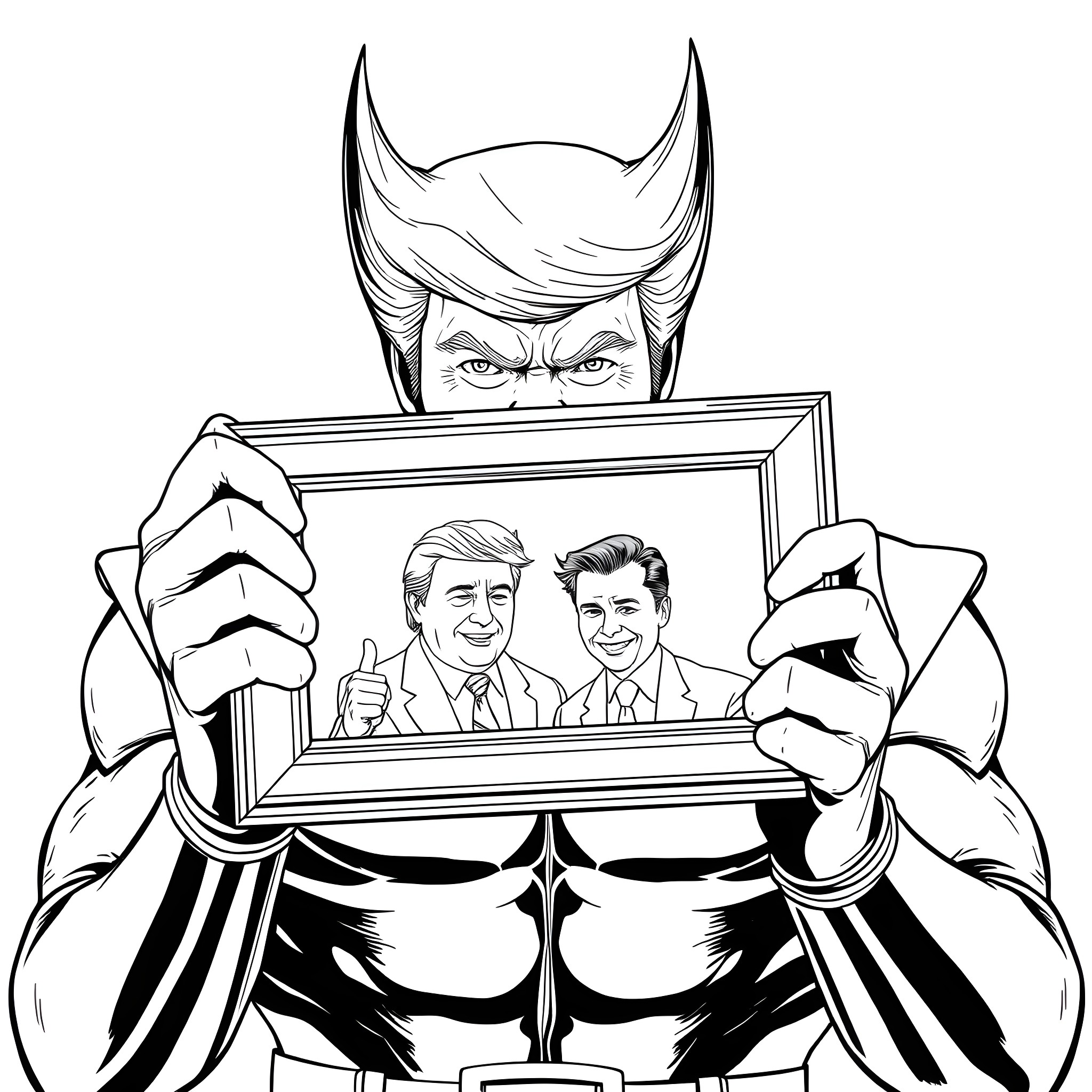 Wolverine examining framed portrait with serious expression Coloring Page (free black-and-white line drawing printable PDF for all, from beginners to advanced learners, including children, teens, adults, and seniors)