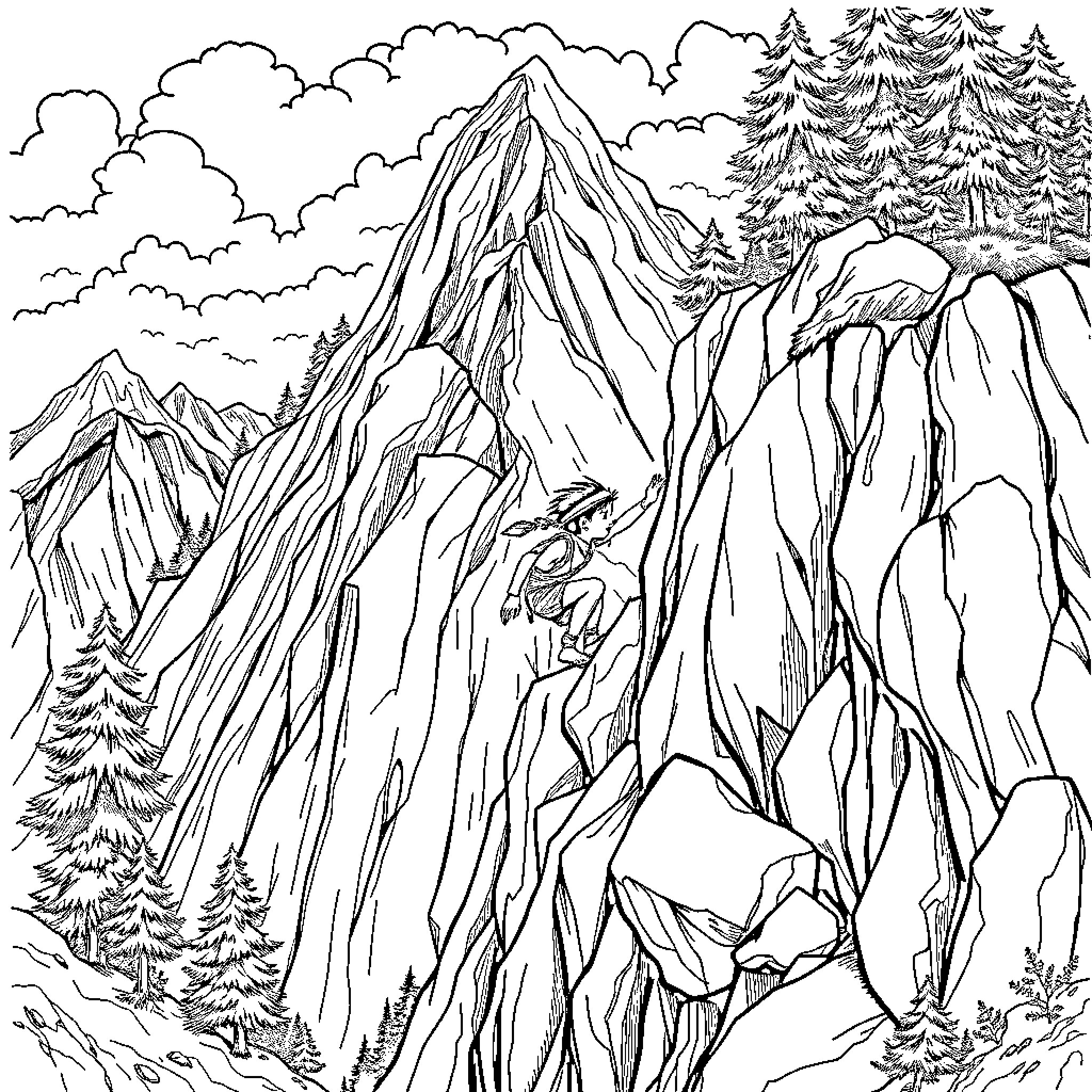 Boy exploring the majestic mountain landscape Coloring Page (free black-and-white line drawing printable PDF for all, from beginners to advanced learners, including children, teens, adults, and seniors)