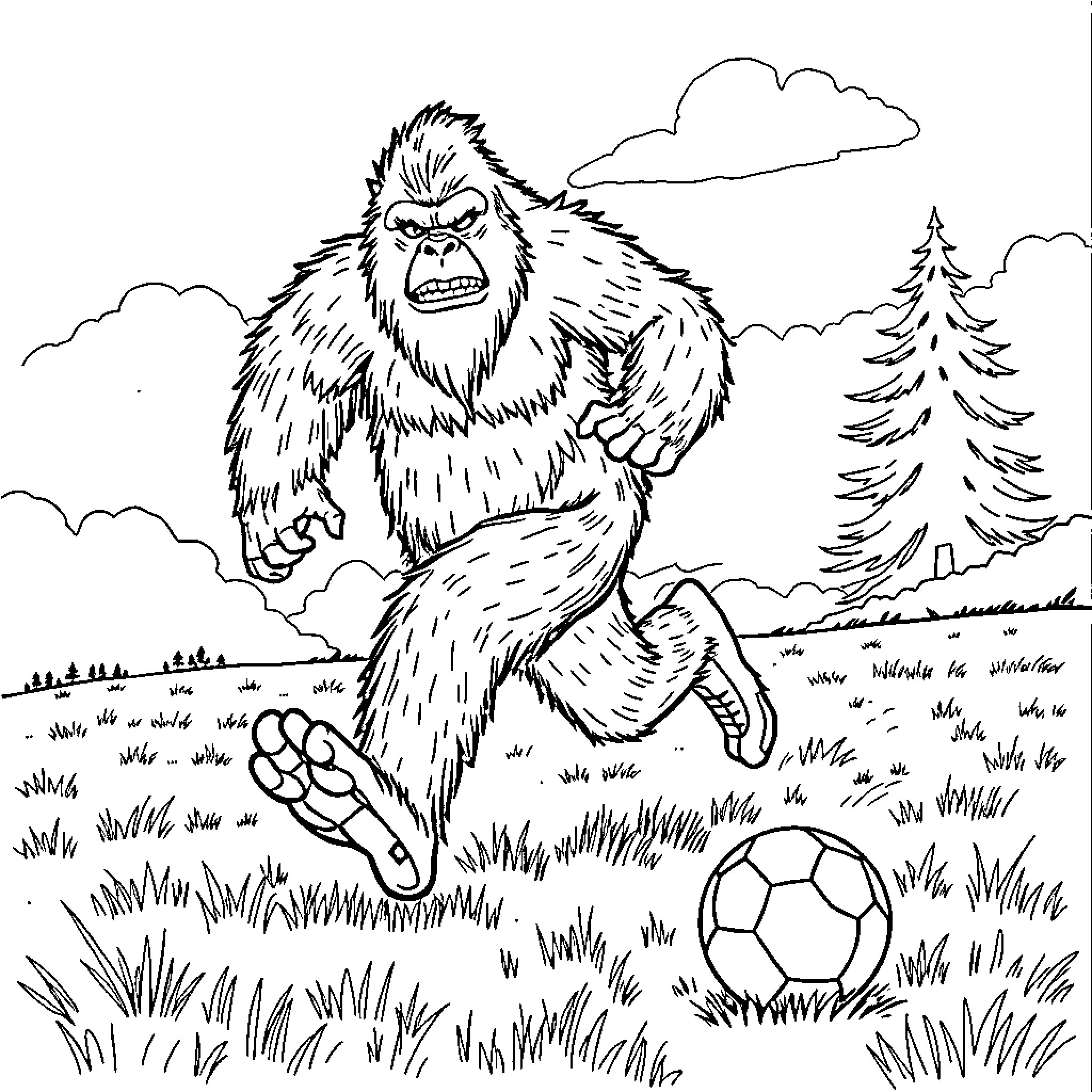 Sasquatch playing soccer in the wilderness Coloring Page (free black-and-white line drawing printable PDF for all, from beginners to advanced learners, including children, teens, adults, and seniors)