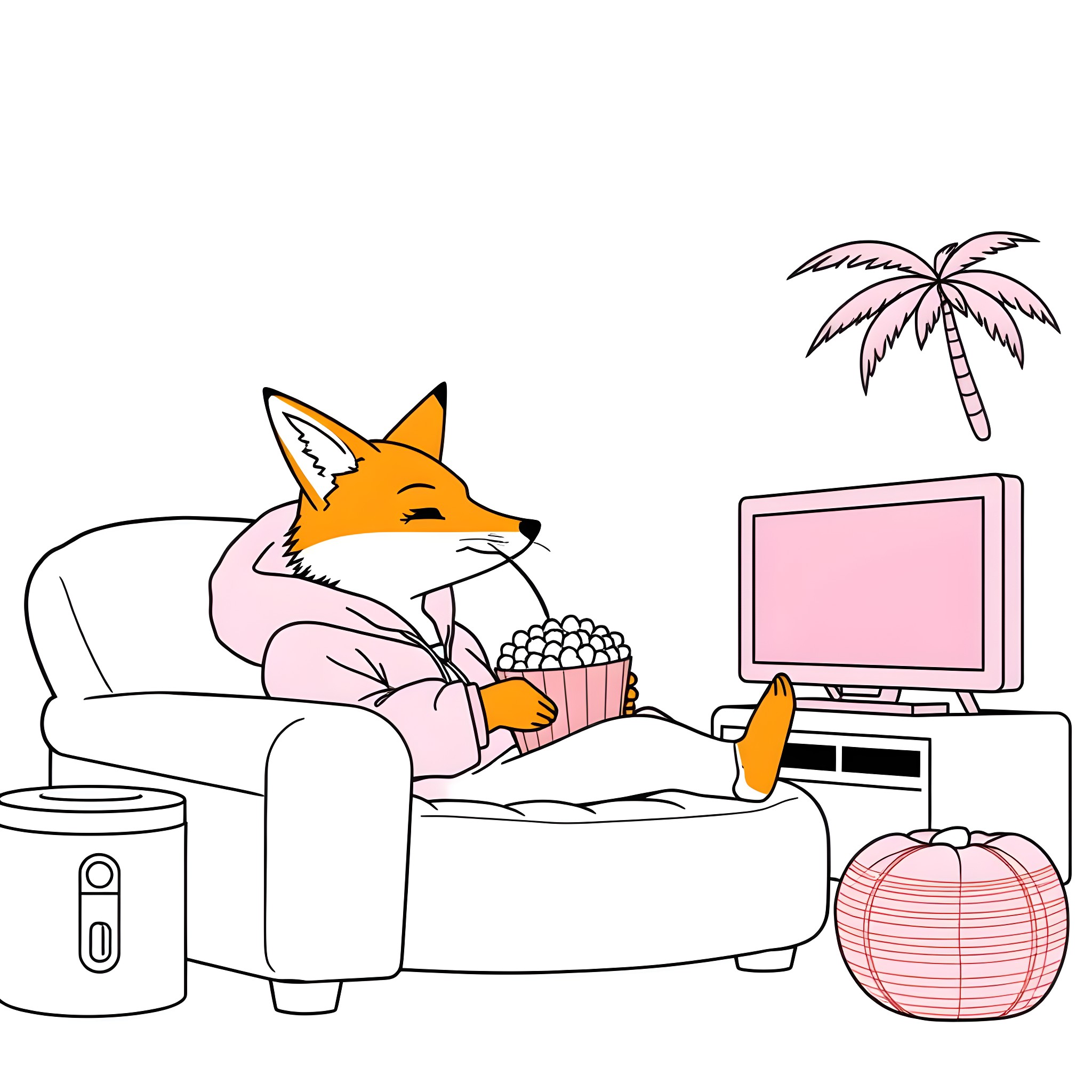 Fox relaxing at home with snacks and entertainment Coloring Page (free black-and-white line drawing printable PDF for all, from beginners to advanced learners, including children, teens, adults, and seniors)