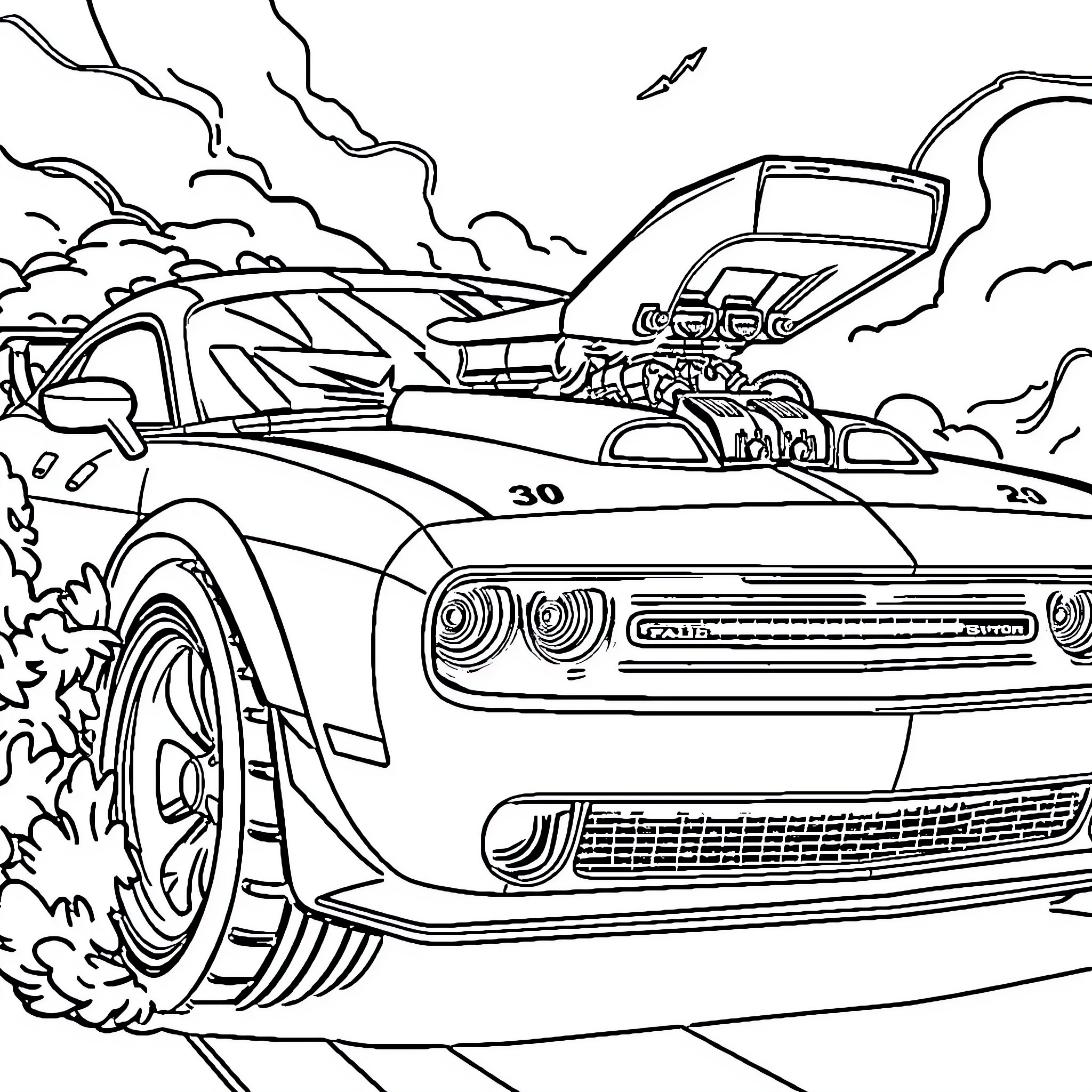 Hellcat muscle car in action on the race track Coloring Page (free black-and-white line drawing printable PDF for all, from beginners to advanced learners, including children, teens, adults, and seniors)