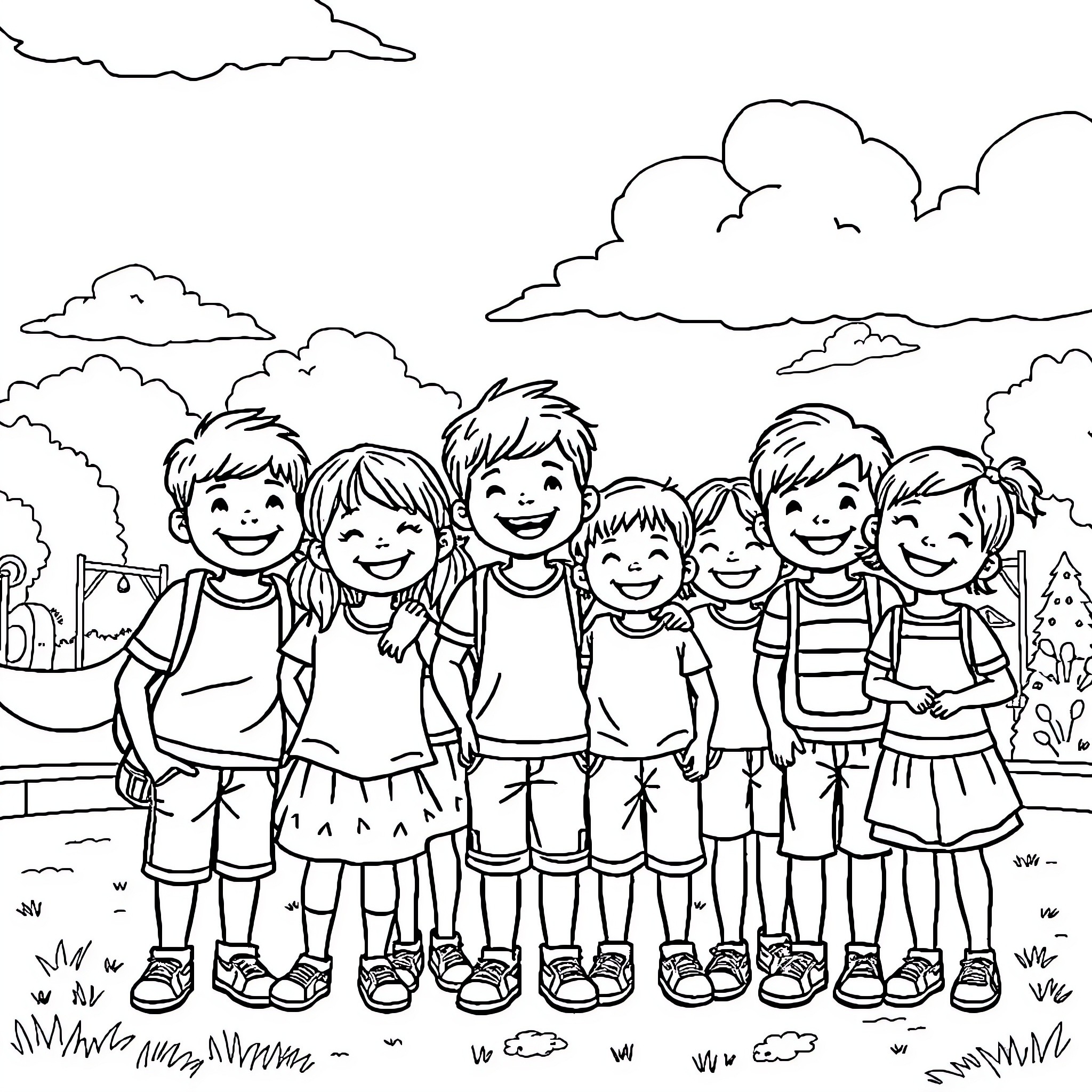 Kid friends having fun outdoors together Coloring Page (free black-and-white line drawing printable PDF for all, from beginners to advanced learners, including children, teens, adults, and seniors)