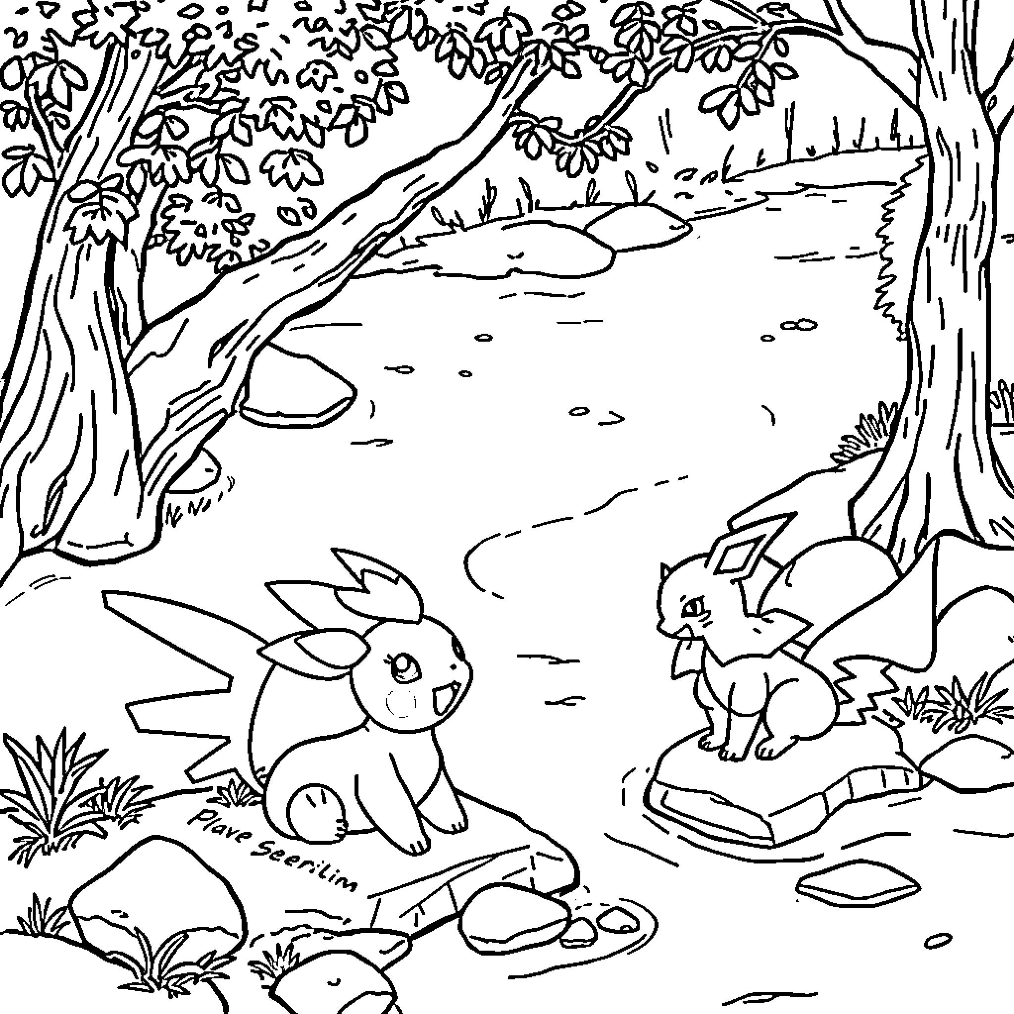 Pokémon friends exploring the enchanting forest Coloring Page (free black-and-white line drawing printable PDF for all, from beginners to advanced learners, including children, teens, adults, and seniors)
