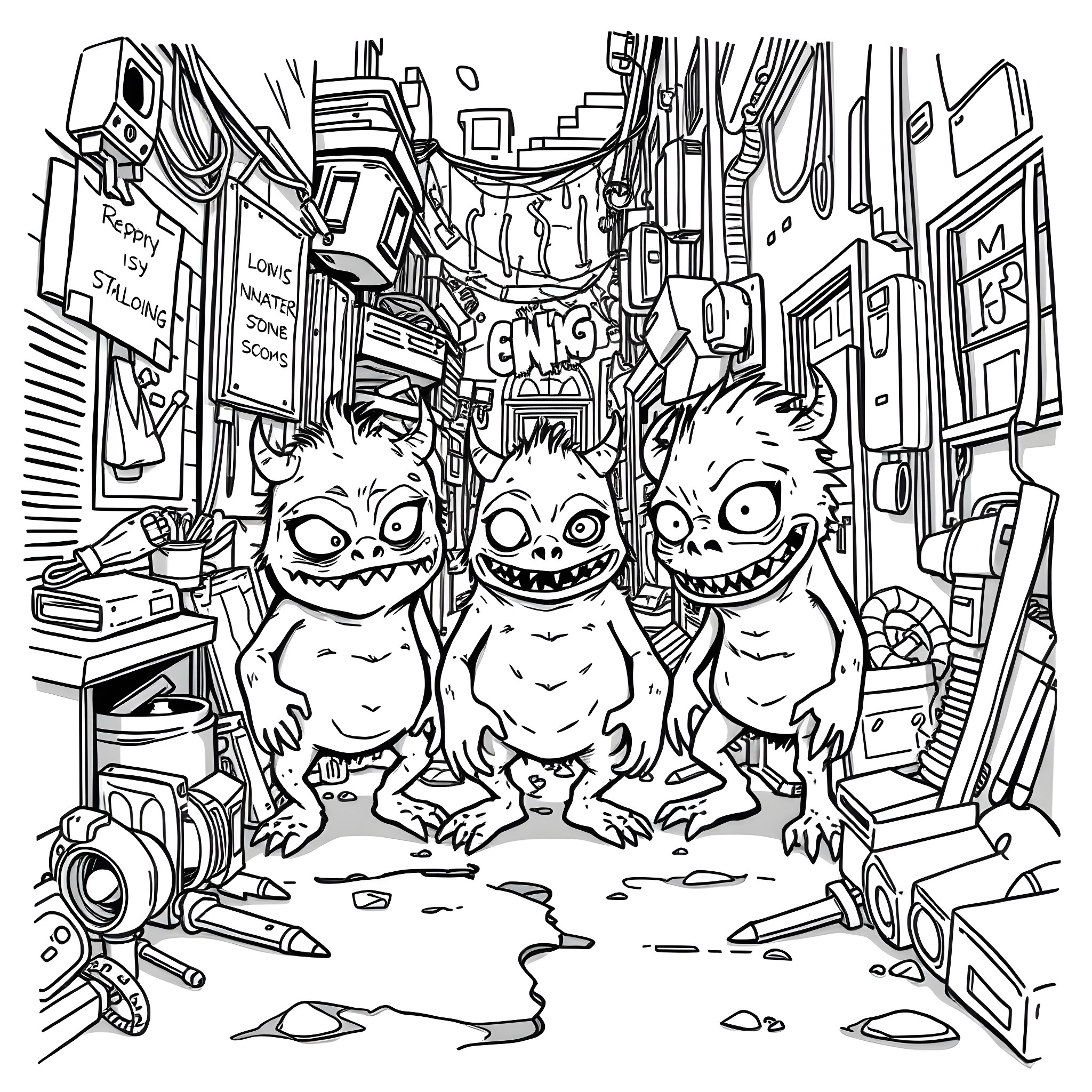 Monster Gang Causing Havoc in the City Coloring Page (free black-and-white line drawing printable PDF for all, from beginners to advanced learners, including children, teens, adults, and seniors)