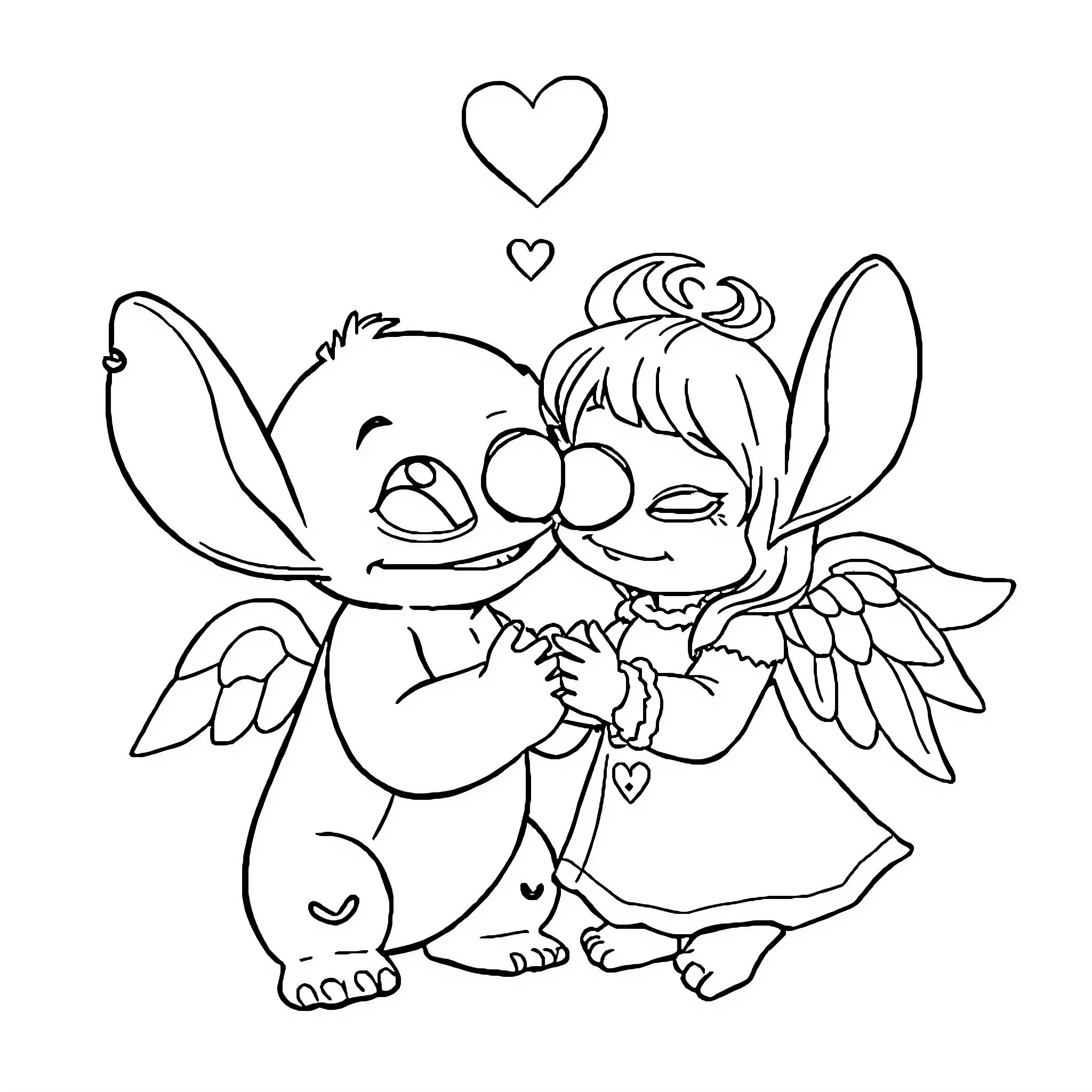 Stitch and Angel sharing a sweet moment Coloring Page (free black-and-white line drawing printable PDF for all, from beginners to advanced learners, including children, teens, adults, and seniors)