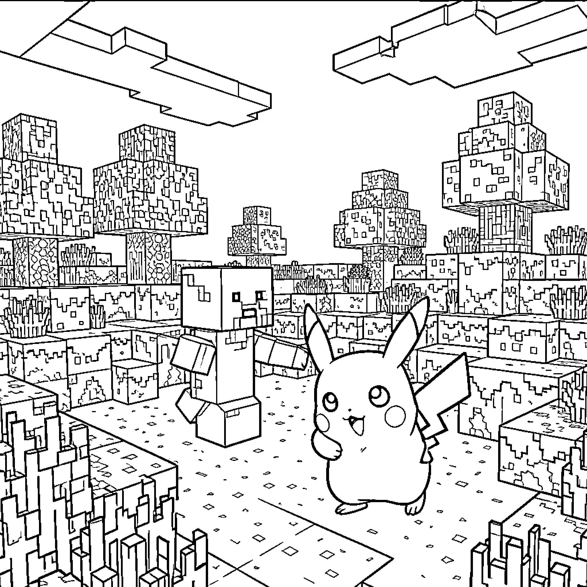 Minecraft world featuring Pikachu exploring a blocky landscape Coloring Page (free black-and-white line drawing printable PDF for all, from beginners to advanced learners, including children, teens, adults, and seniors)