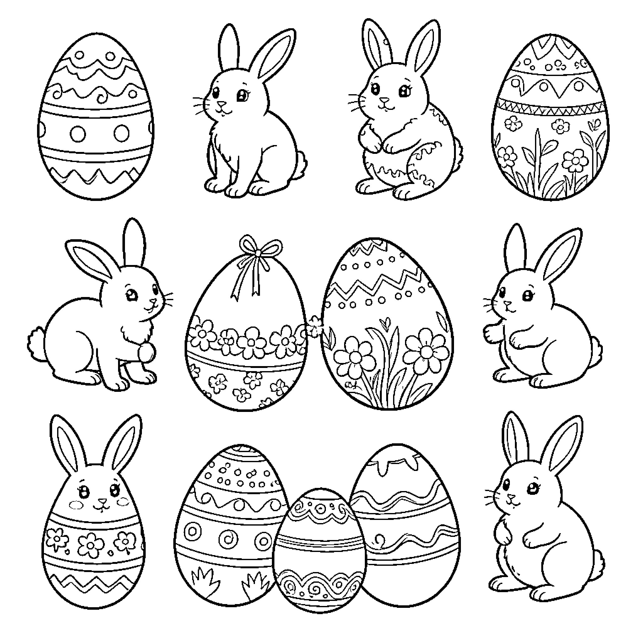 Easter Bunnies and Decorated Eggs Coloring Page (free black-and-white line drawing printable PDF for all, from beginners to advanced learners, including children, teens, adults, and seniors)