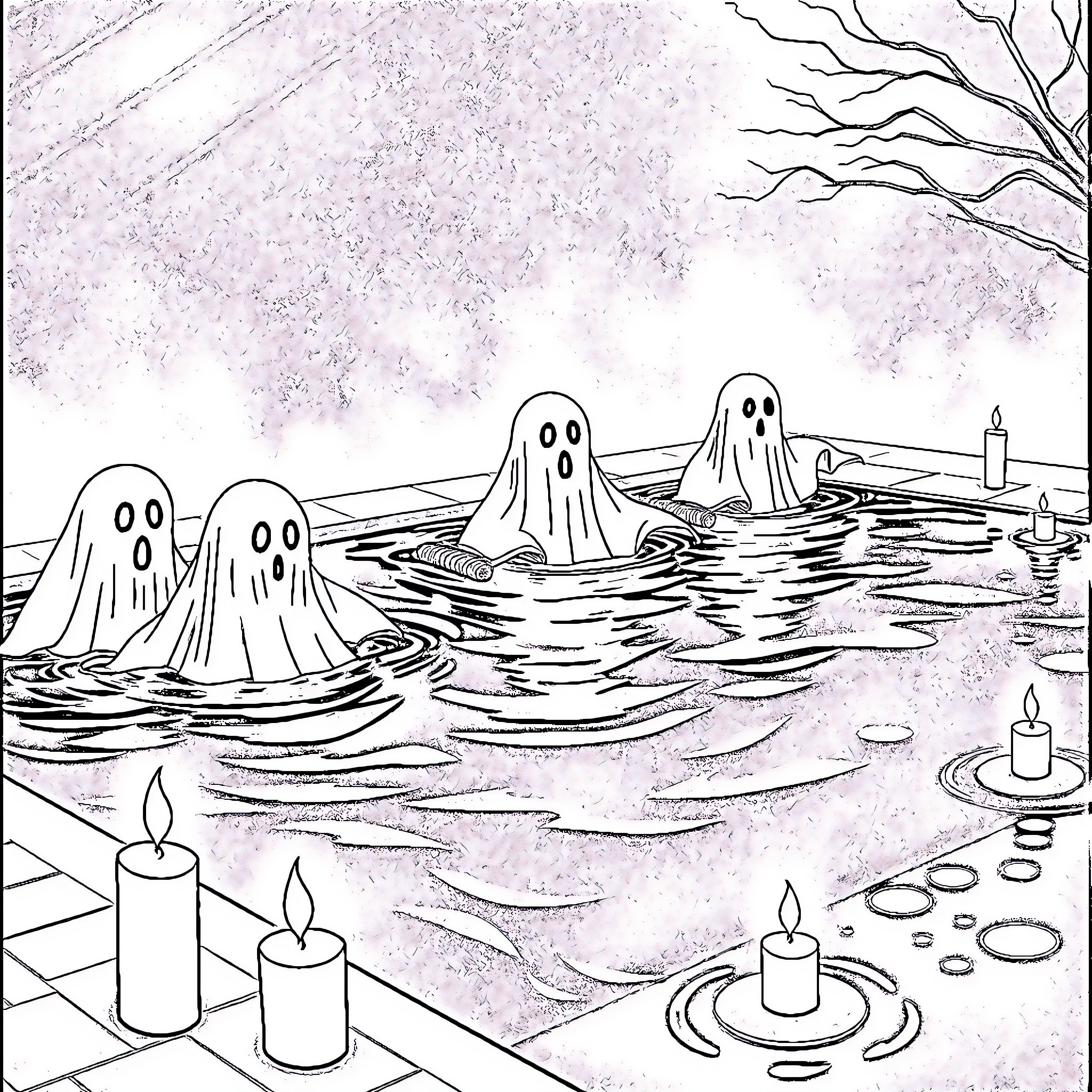 Ghost figures emerging from a haunted pond Coloring Page (free black-and-white line drawing printable PDF for all, from beginners to advanced learners, including children, teens, adults, and seniors)