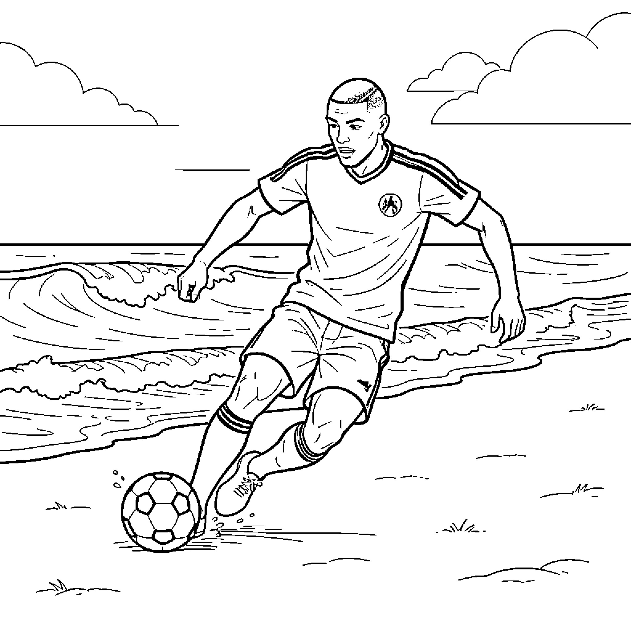 Mbappe dribbling a soccer ball on the beach Coloring Page (free black-and-white line drawing printable PDF for all, from beginners to advanced learners, including children, teens, adults, and seniors)