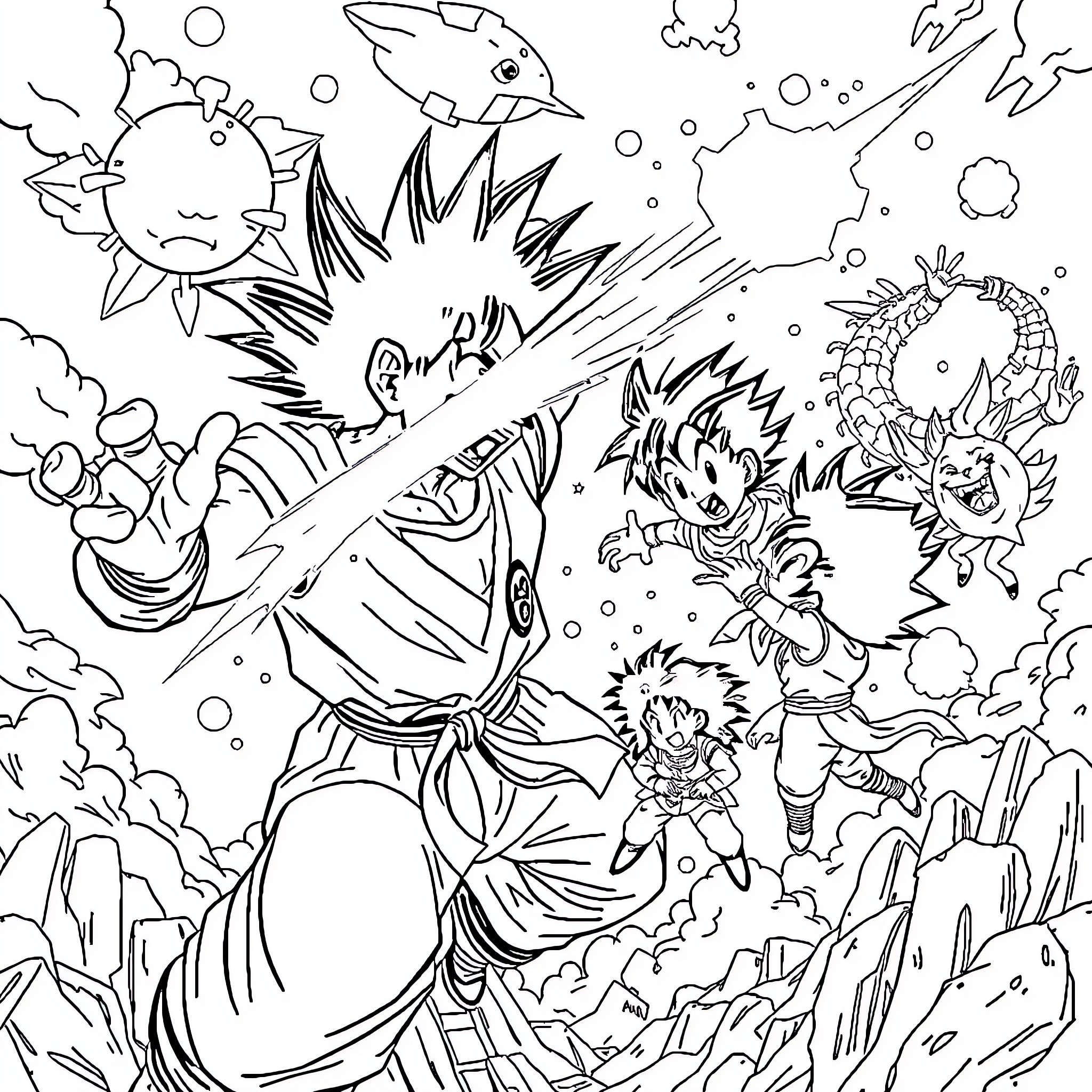 Dragon Ball Characters in Epic Cosmic Battle Coloring Page (free black-and-white line drawing printable PDF for all, from beginners to advanced learners, including children, teens, adults, and seniors)