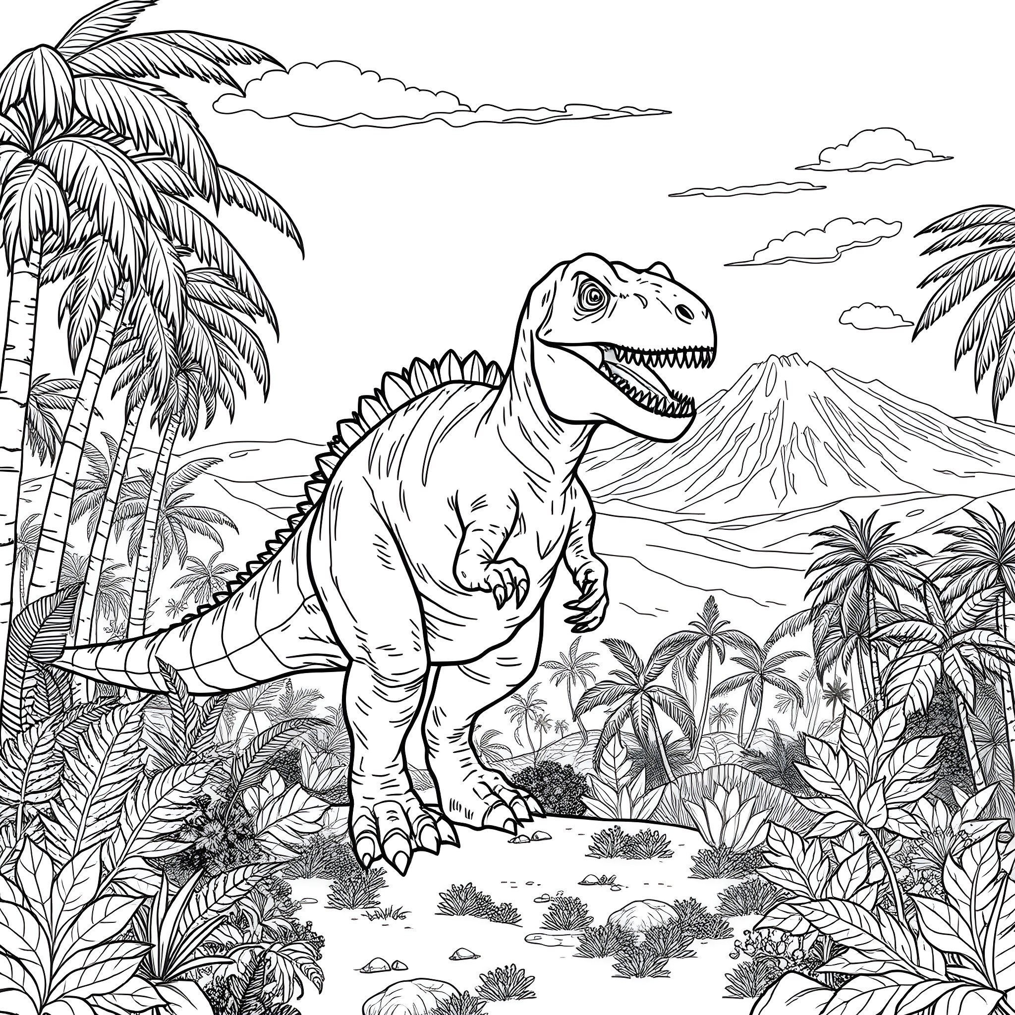 Allosaurus roaming through the prehistoric landscape Coloring Page (free black-and-white line drawing printable PDF for all, from beginners to advanced learners, including children, teens, adults, and seniors)