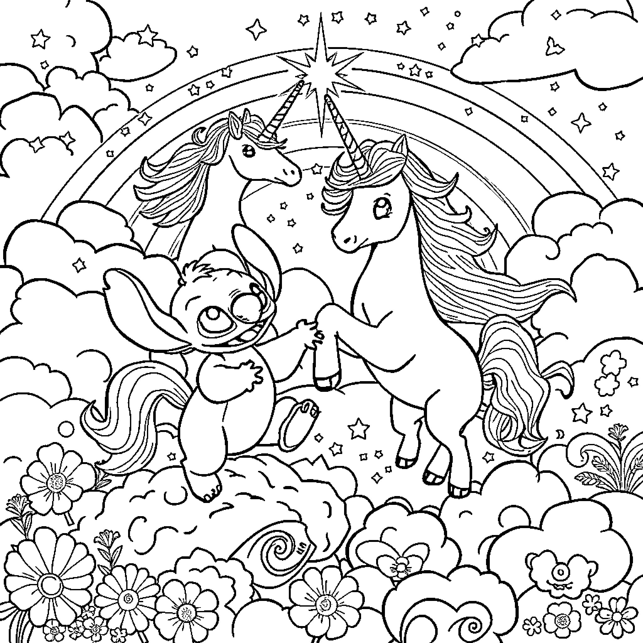 Stitch and magical unicorns in a starry night scene Coloring Page (free black-and-white line drawing printable PDF for all, from beginners to advanced learners, including children, teens, adults, and seniors)