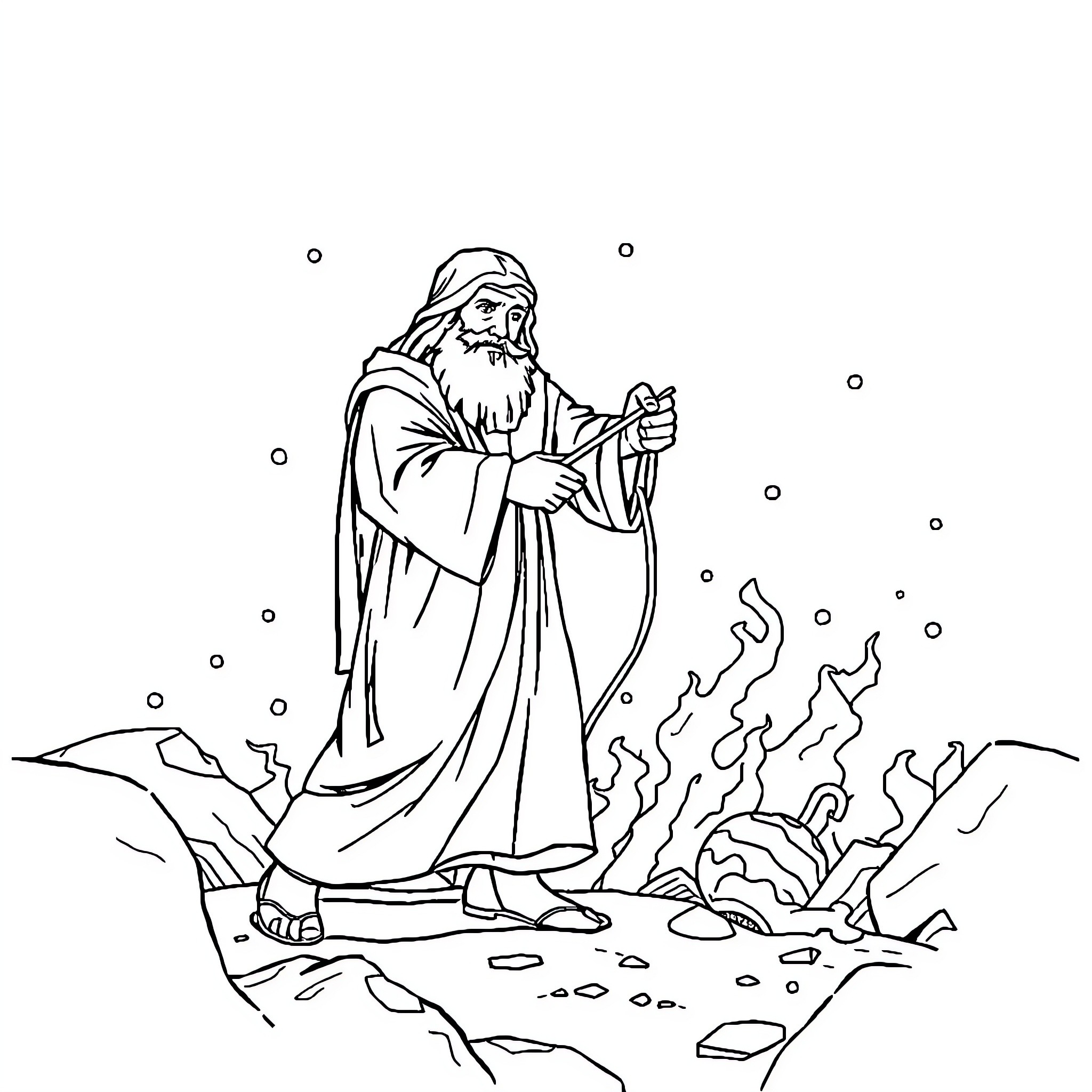 Goat herder standing in snowy landscape Coloring Page (free black-and-white line drawing printable PDF for all, from beginners to advanced learners, including children, teens, adults, and seniors)