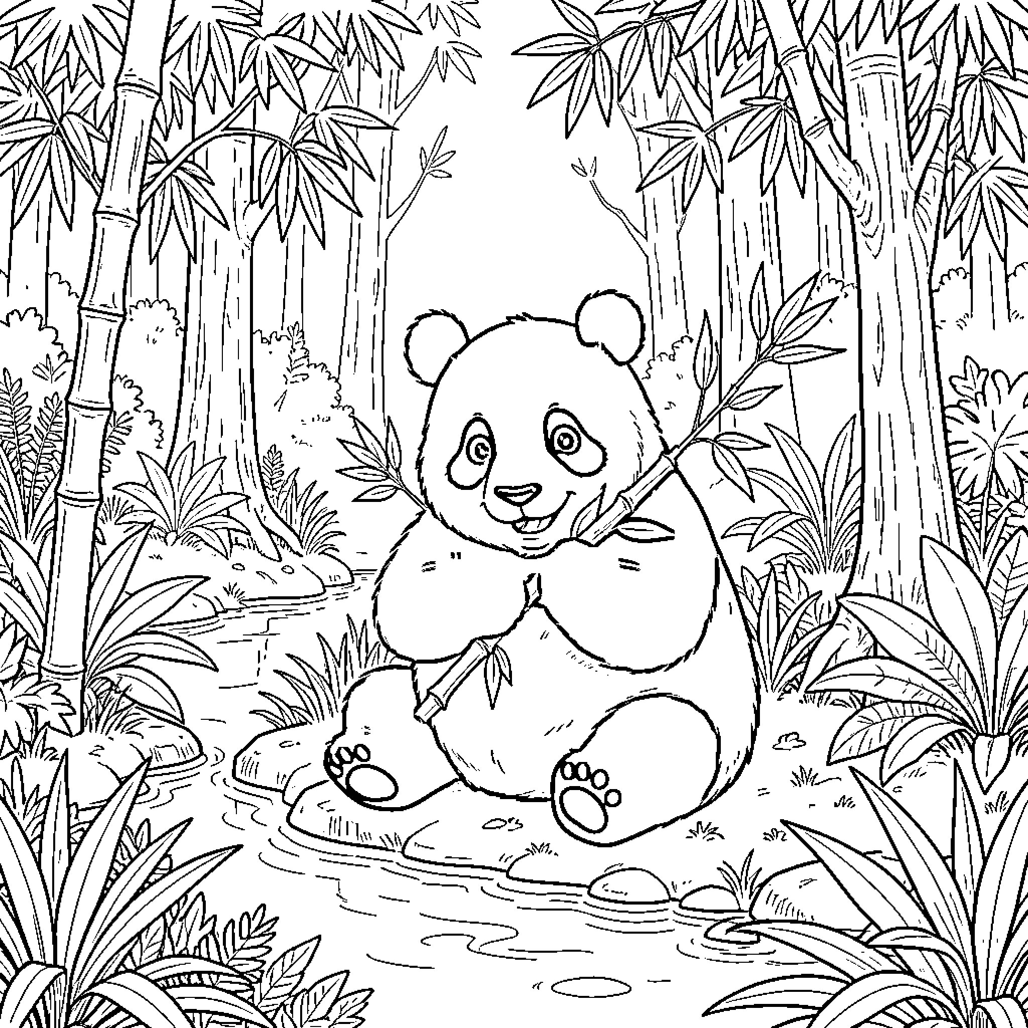 Panda sitting peacefully and holding a bamboo stalk Coloring Page (free black-and-white line drawing printable PDF for all, from beginners to advanced learners, including children, teens, adults, and seniors)