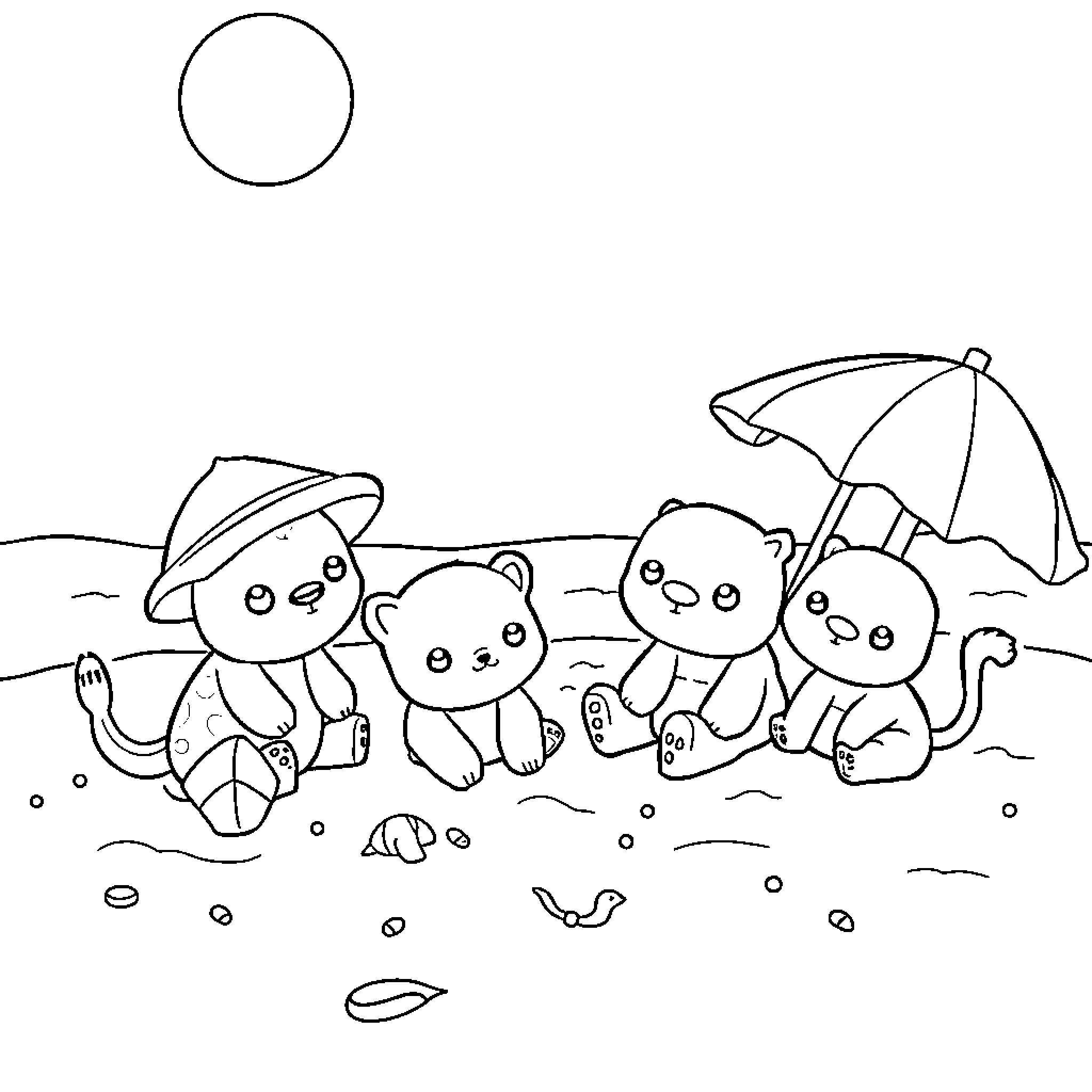 Animal friends enjoying a beach day Coloring Page (free black-and-white line drawing printable PDF for all, from beginners to advanced learners, including children, teens, adults, and seniors)