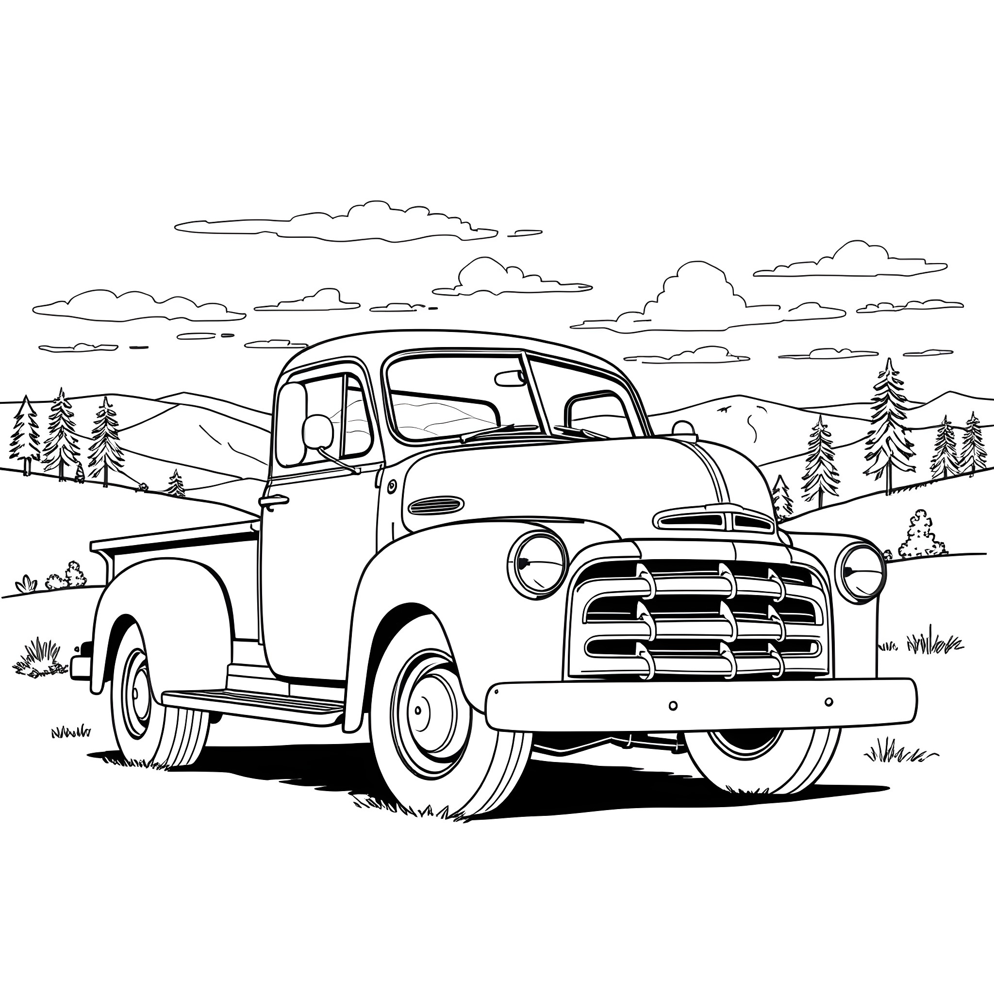 Truck in serene countryside landscape Coloring Page (free black-and-white line drawing printable PDF for all, from beginners to advanced learners, including children, teens, adults, and seniors)