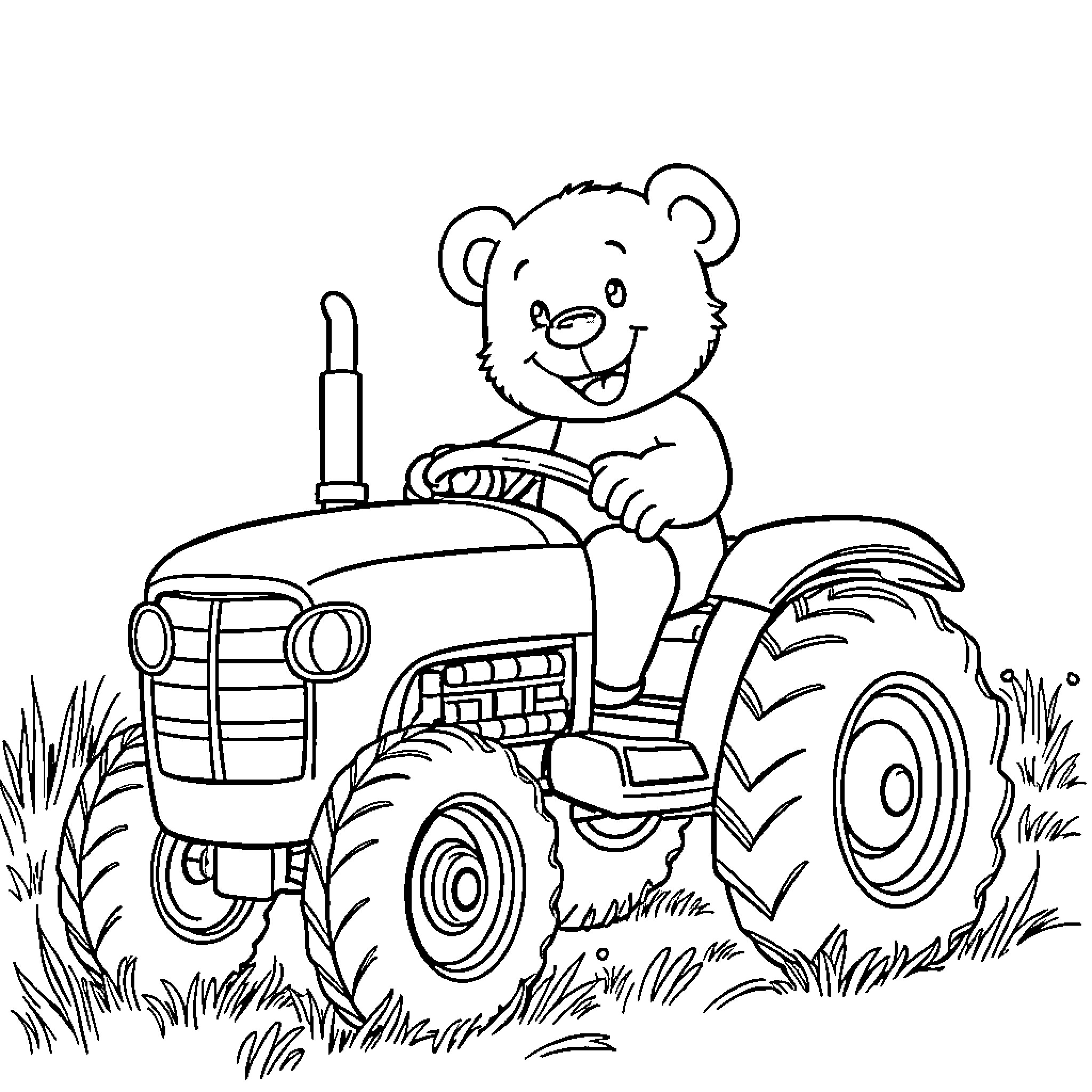 Teddy Bear Driving a Tractor Happily Coloring Page (free black-and-white line drawing printable PDF for all, from beginners to advanced learners, including children, teens, adults, and seniors)