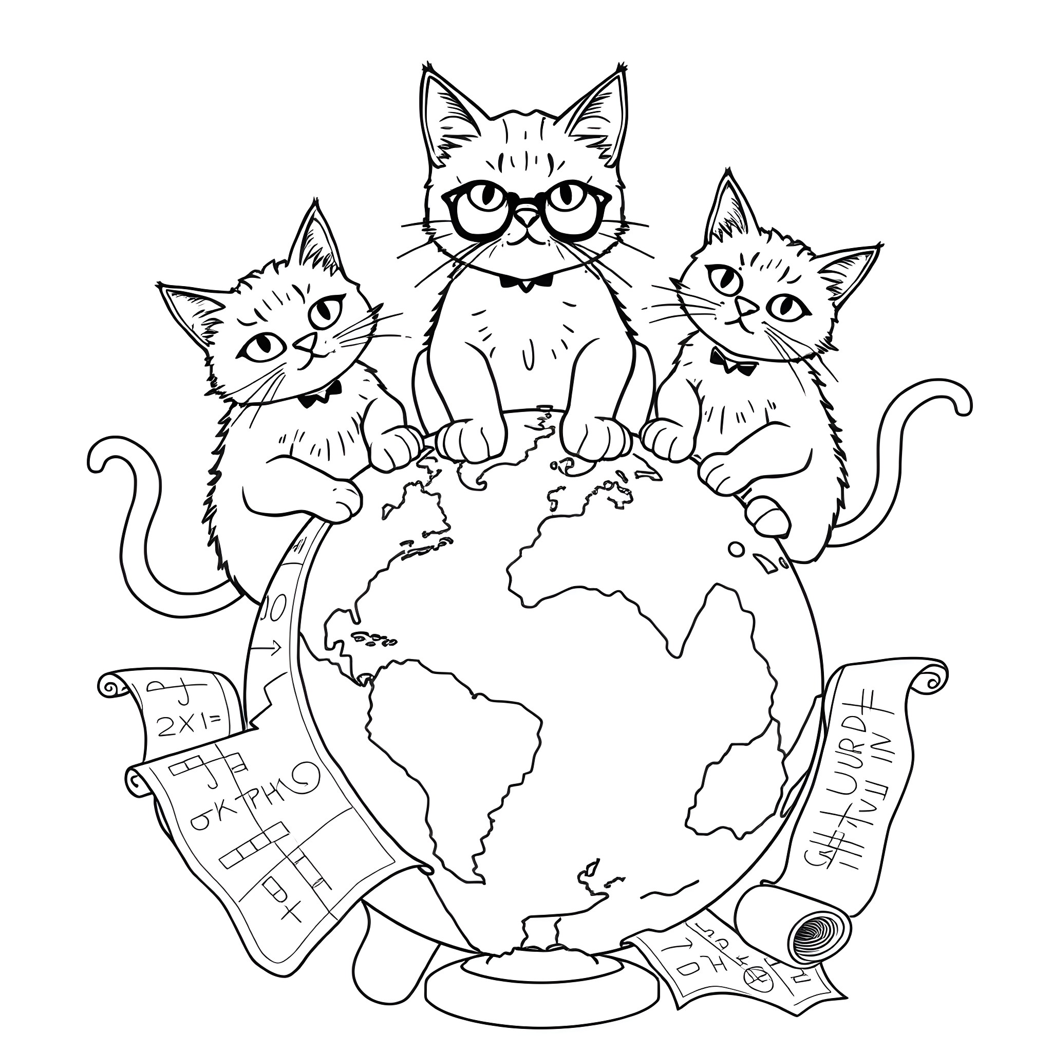 Cats Exploring the World Globe Coloring Page (free black-and-white line drawing printable PDF for all, from beginners to advanced learners, including children, teens, adults, and seniors)
