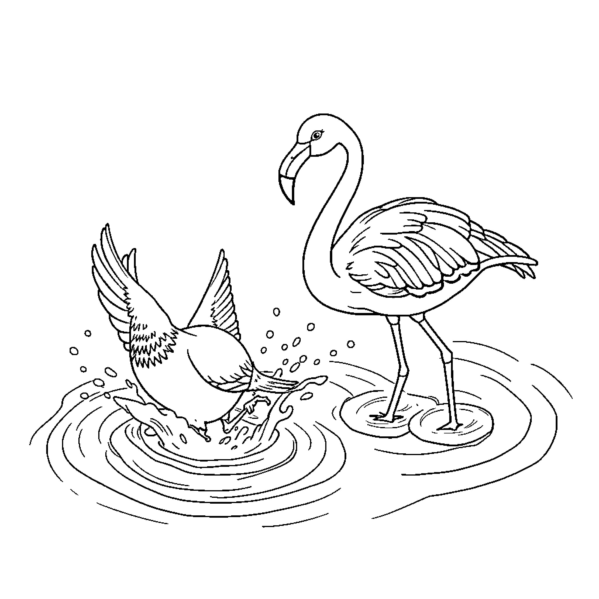 Pigeon splashing in water with flamingo Coloring Page (free black-and-white line drawing printable PDF for all, from beginners to advanced learners, including children, teens, adults, and seniors)