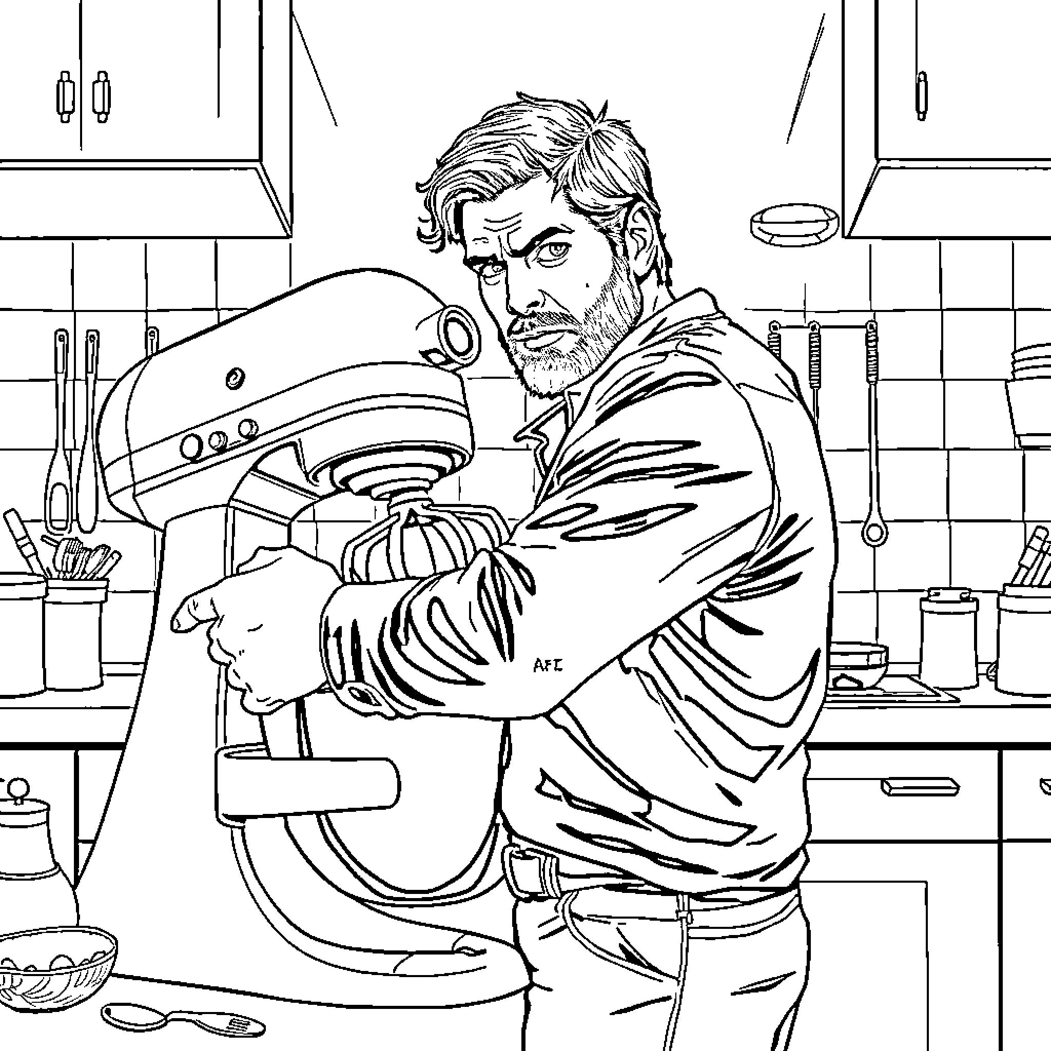 Henry Cavill in kitchen cooking with mixer Coloring Page (free black-and-white line drawing printable PDF for all, from beginners to advanced learners, including children, teens, adults, and seniors)