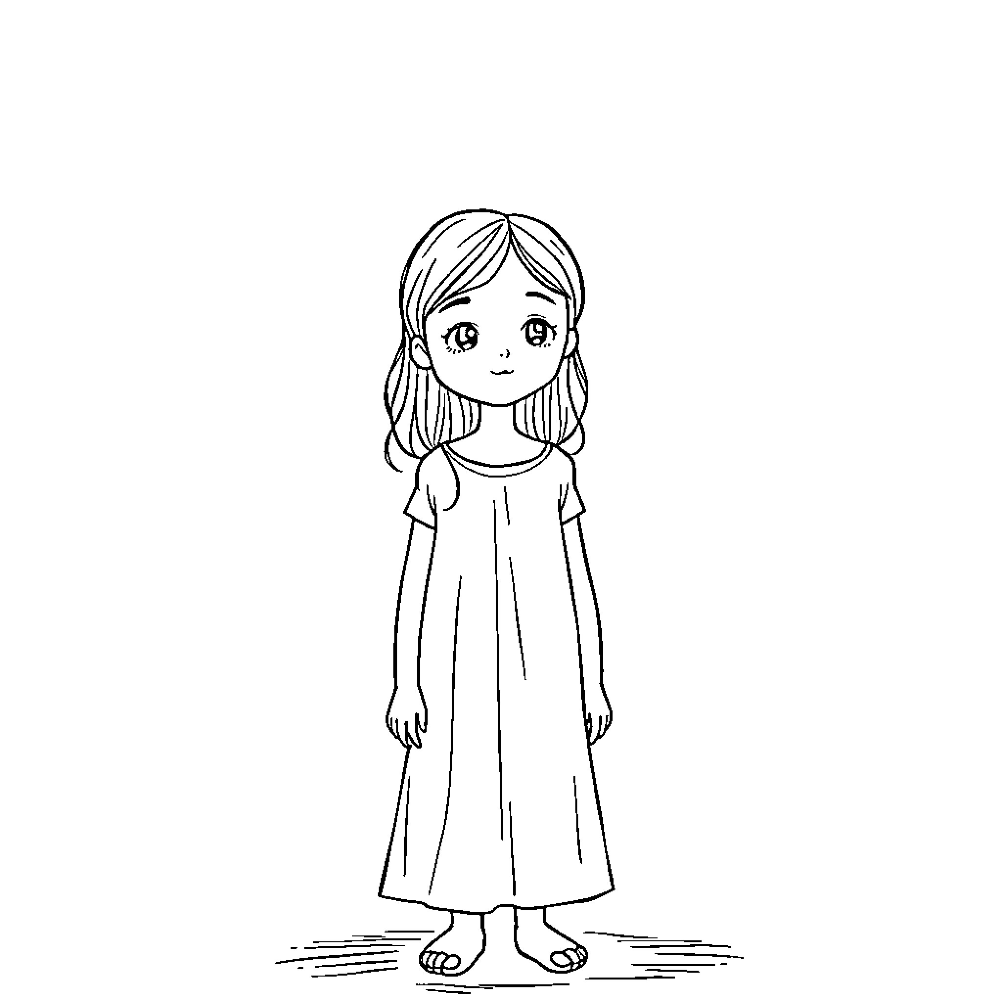 Girl in a simple dress with a pensive expression Coloring Page (free black-and-white line drawing printable PDF for all, from beginners to advanced learners, including children, teens, adults, and seniors)