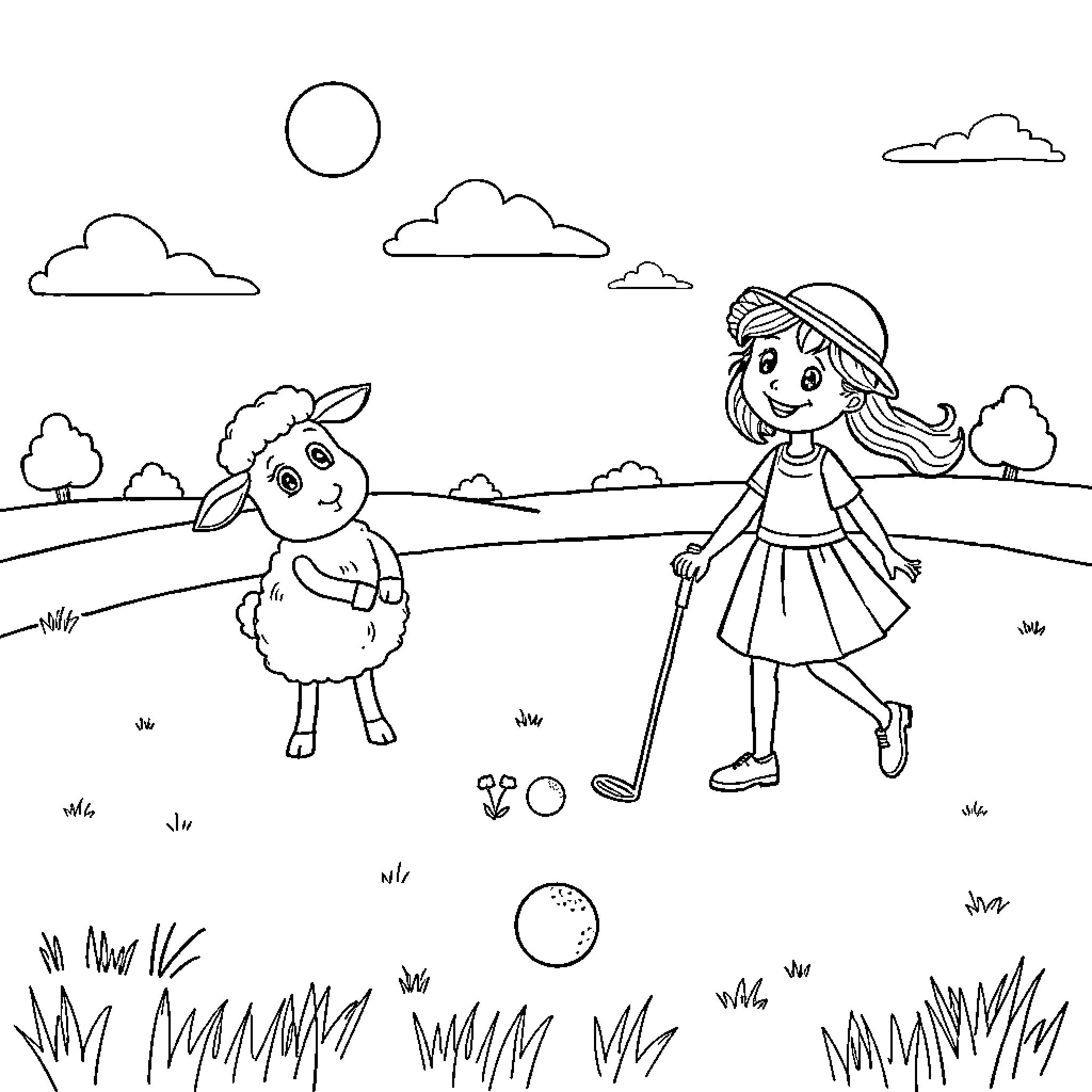 Sheep and girl playing outdoor game Coloring Page (free black-and-white line drawing printable PDF for all, from beginners to advanced learners, including children, teens, adults, and seniors)