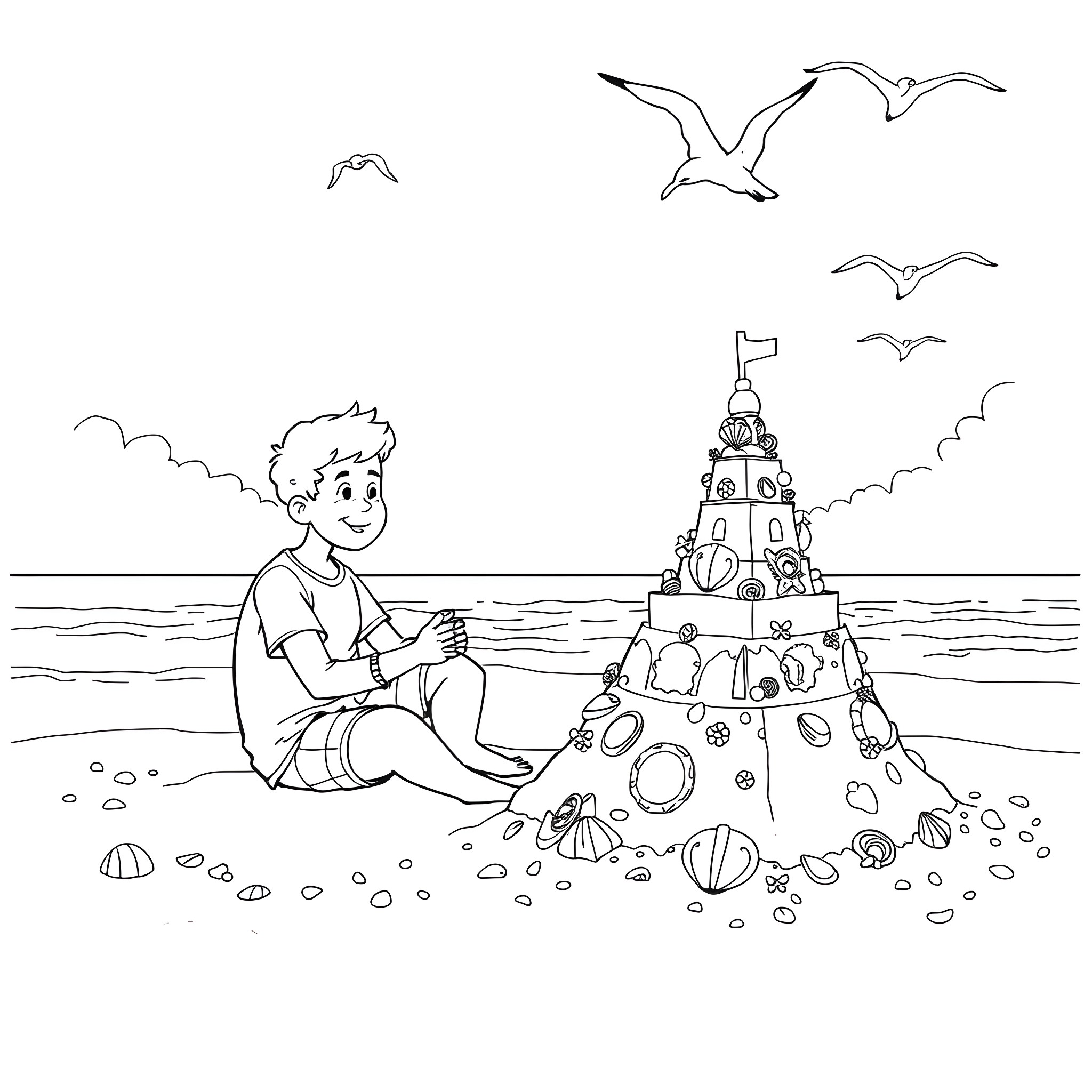 Fred builds a sandcastle on the beach with seagulls overhead Coloring Page (free black-and-white line drawing printable PDF for all, from beginners to advanced learners, including children, teens, adults, and seniors)