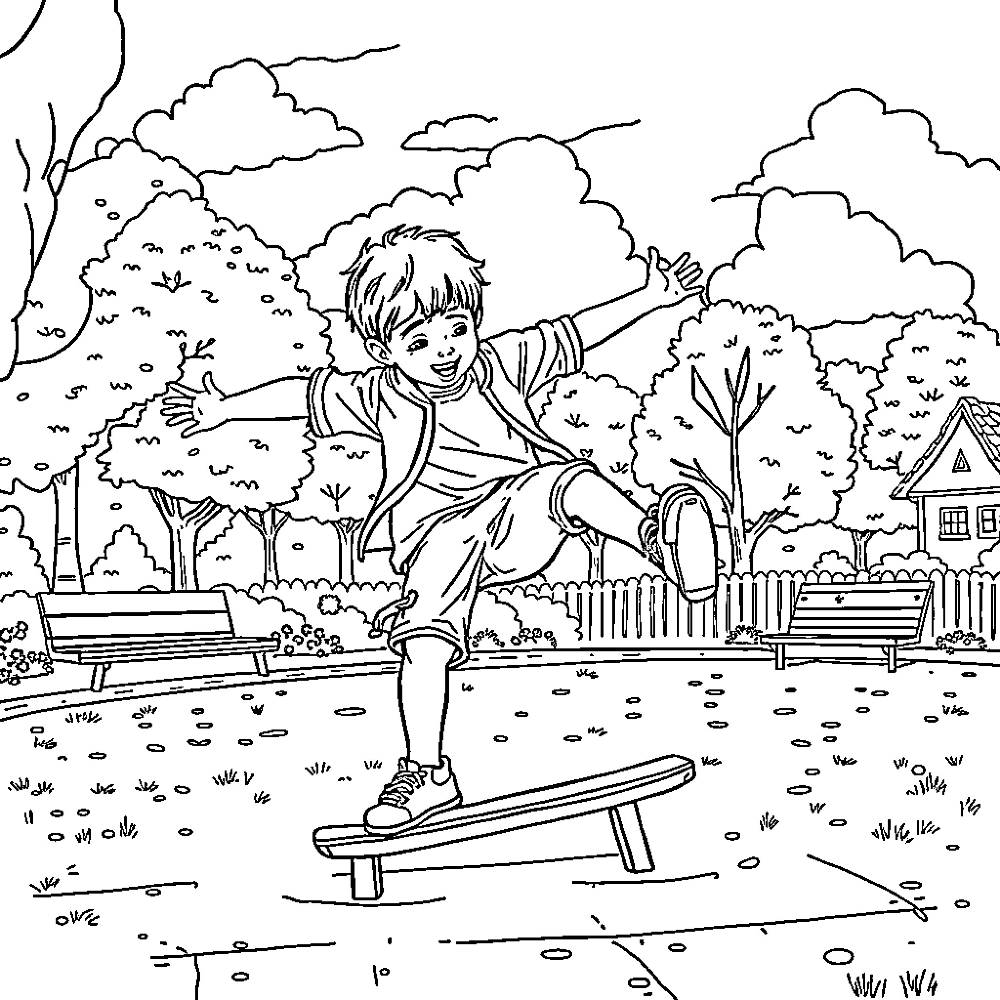 Child playing happily on a park bench Coloring Page (free black-and-white line drawing printable PDF for all, from beginners to advanced learners, including children, teens, adults, and seniors)