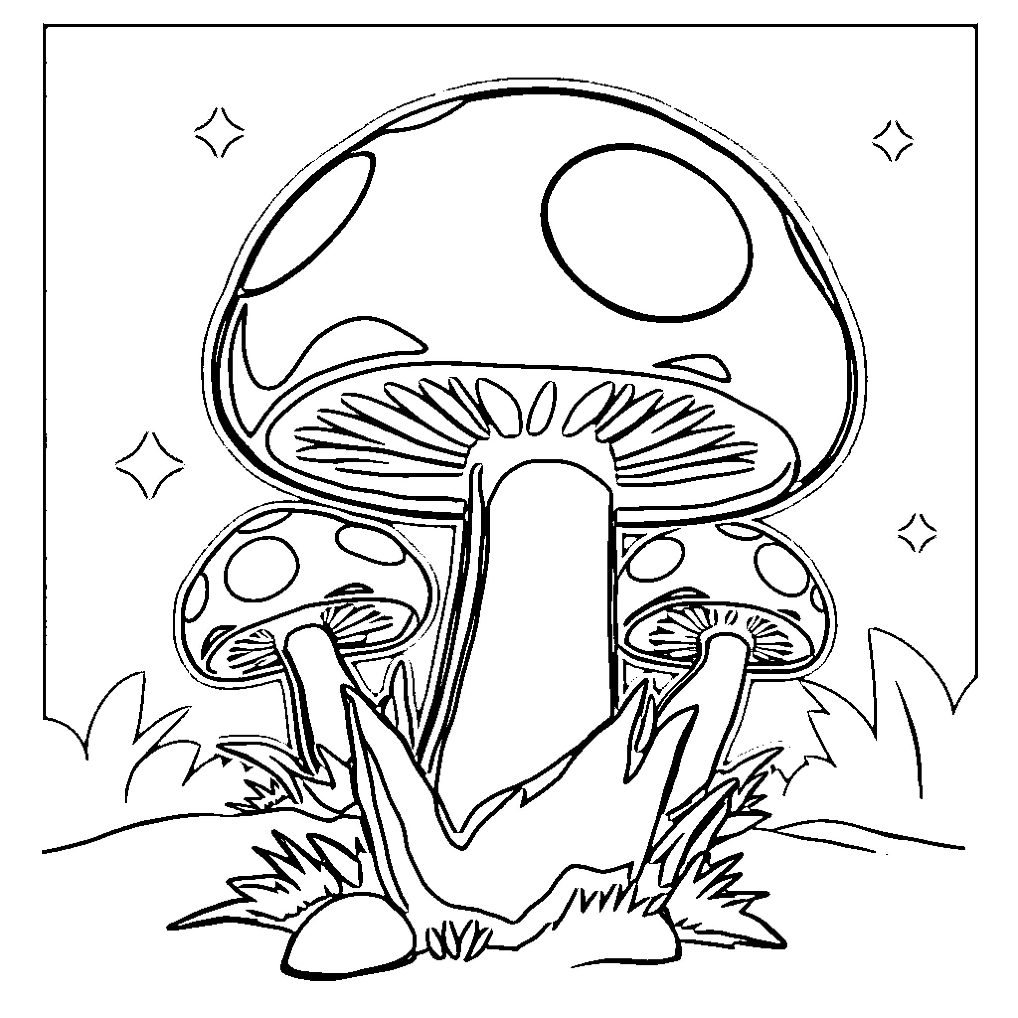 Mushroom characters in enchanted forest landscape Coloring Page (free black-and-white line drawing printable PDF for all, from beginners to advanced learners, including children, teens, adults, and seniors)
