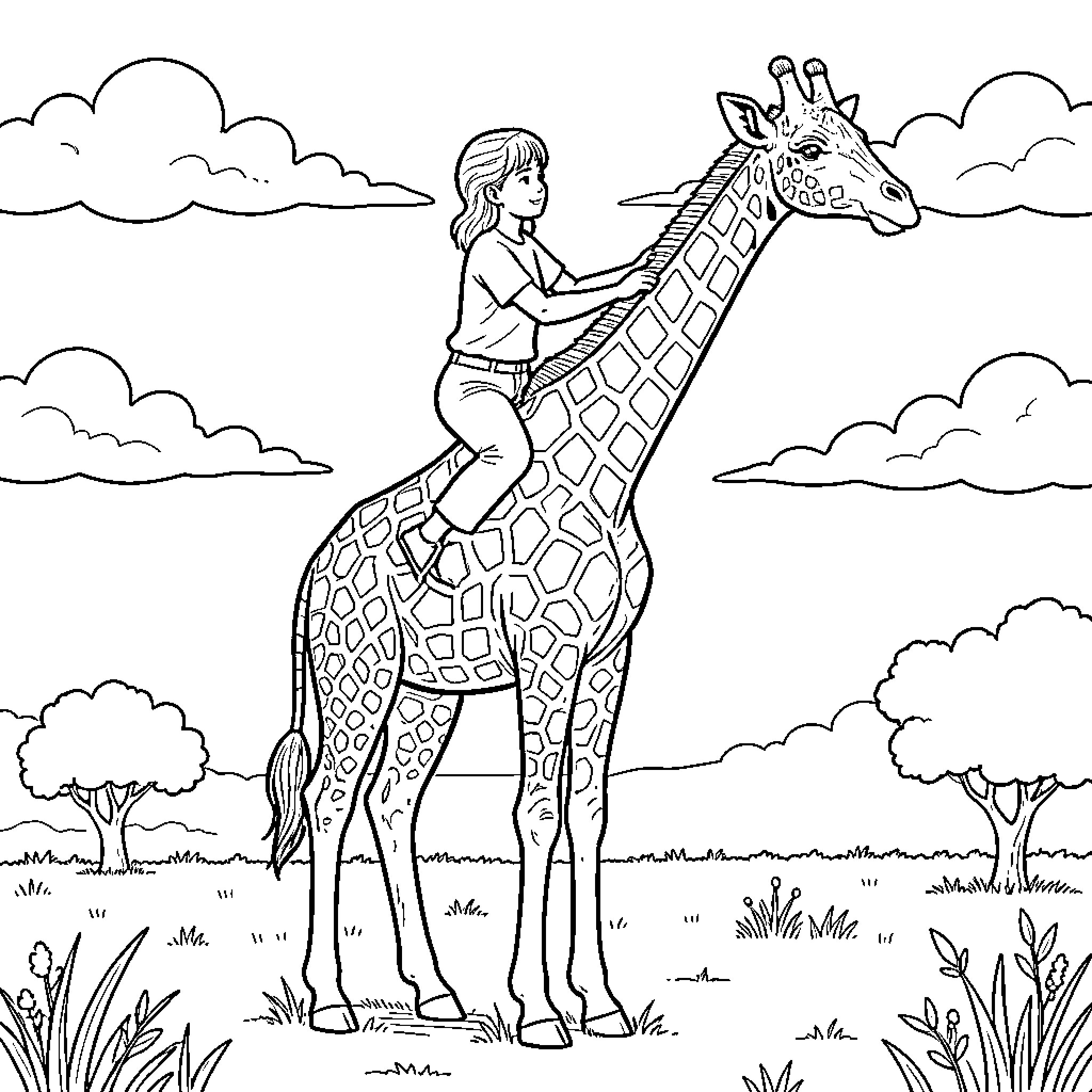 Giraffe and girl interacting in a scenic outdoor setting Coloring Page (free black-and-white line drawing printable PDF for all, from beginners to advanced learners, including children, teens, adults, and seniors)