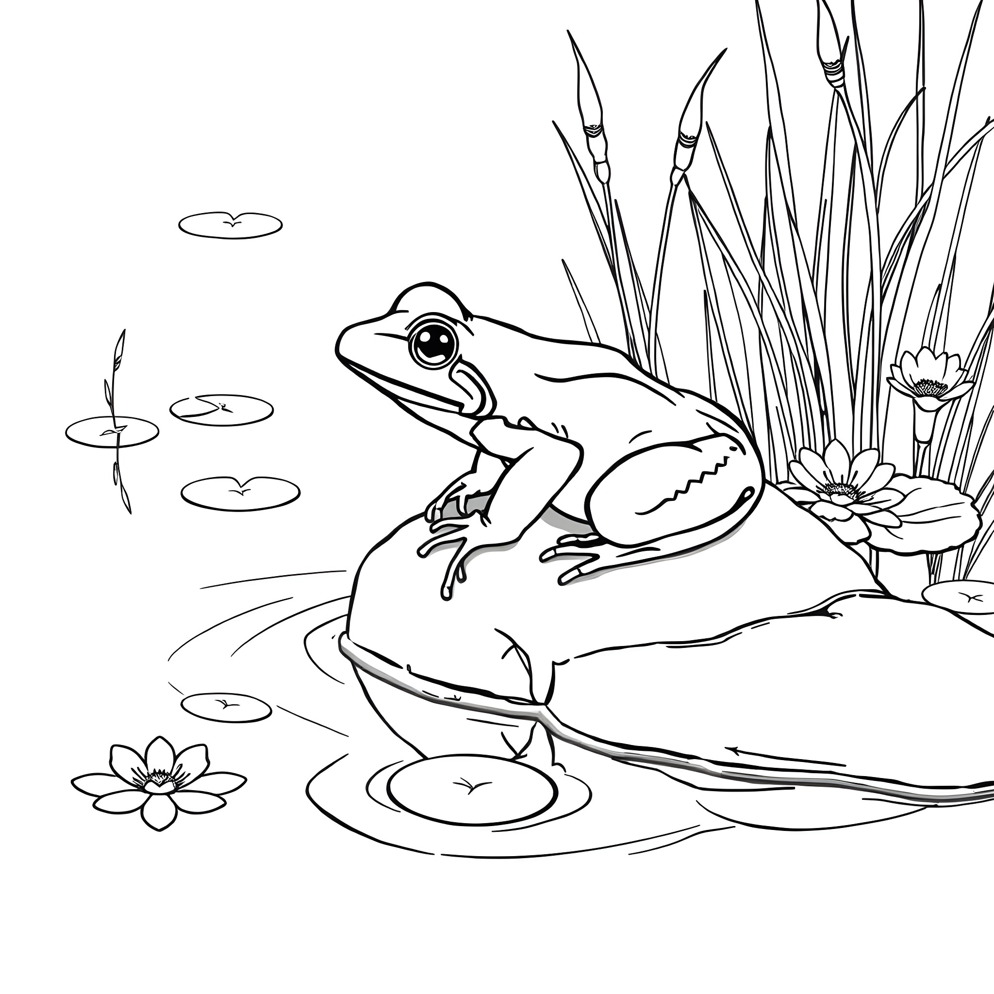 Toad sitting on lily pad in pond Coloring Page (free black-and-white line drawing printable PDF for all, from beginners to advanced learners, including children, teens, adults, and seniors)