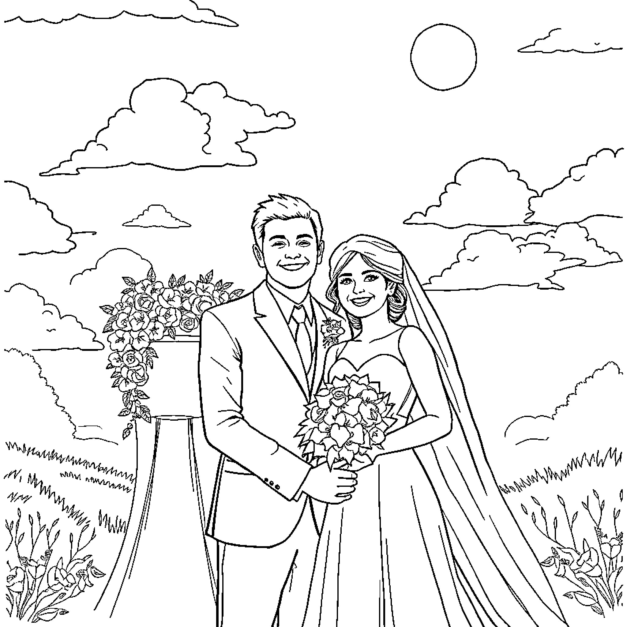 Wedding couple embracing in a scenic outdoor setting Coloring Page (free black-and-white line drawing printable PDF for all, from beginners to advanced learners, including children, teens, adults, and seniors)