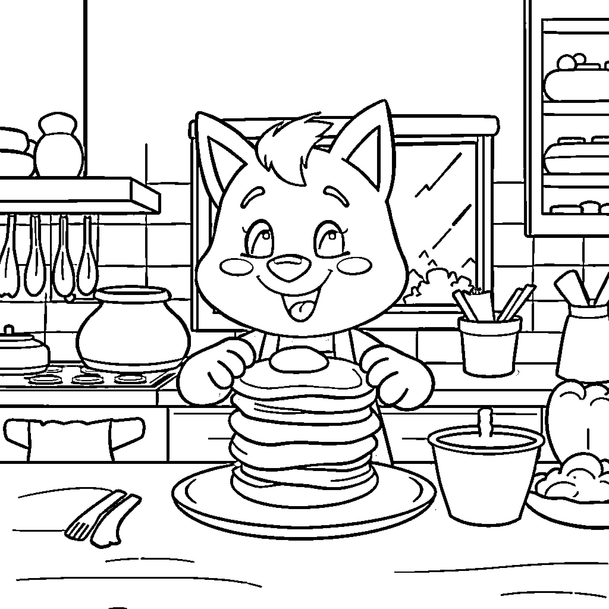 Bluey baking pancakes in the kitchen Coloring Page (free black-and-white line drawing printable PDF for all, from beginners to advanced learners, including children, teens, adults, and seniors)