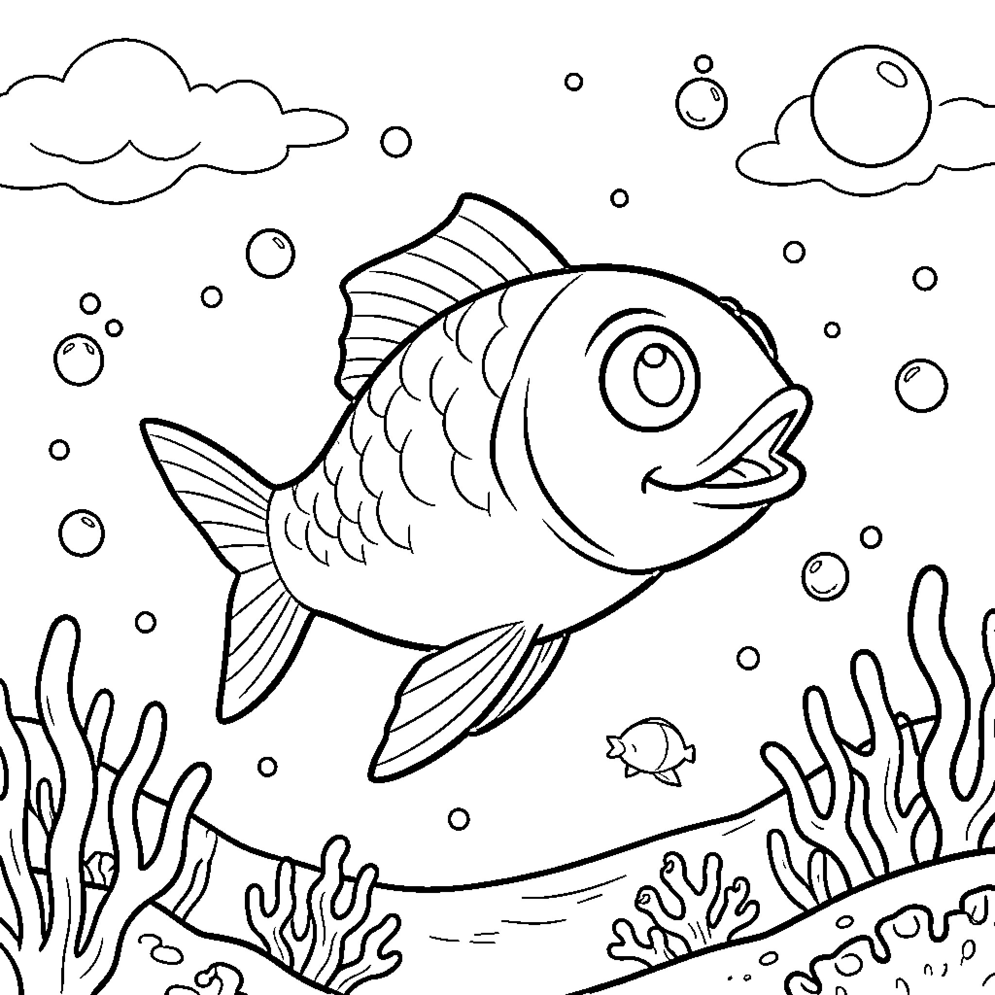 Salamander swimming happily through an underwater coral reef Coloring Page (free black-and-white line drawing printable PDF for all, from beginners to advanced learners, including children, teens, adults, and seniors)