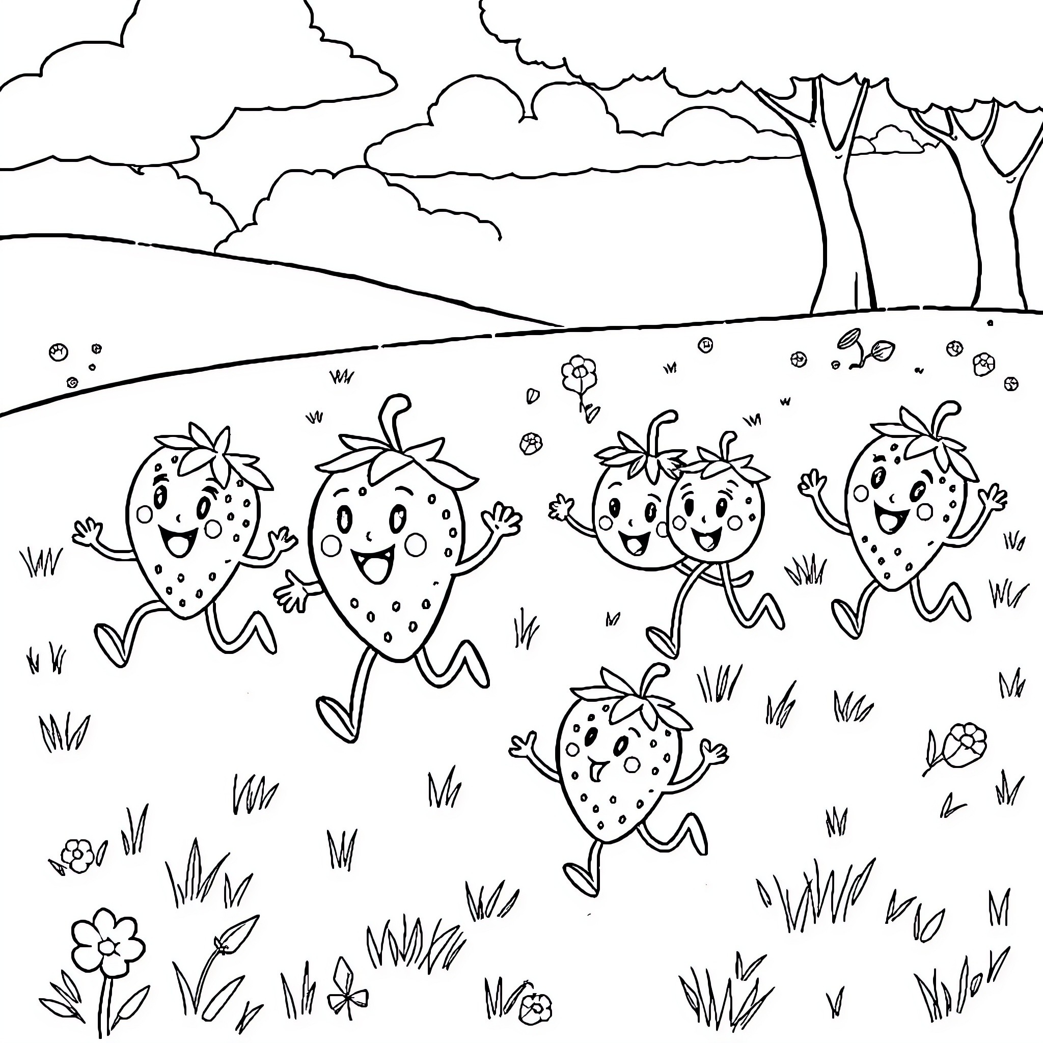 Strawberry characters playing and dancing in nature Coloring Page (free black-and-white line drawing printable PDF for all, from beginners to advanced learners, including children, teens, adults, and seniors)