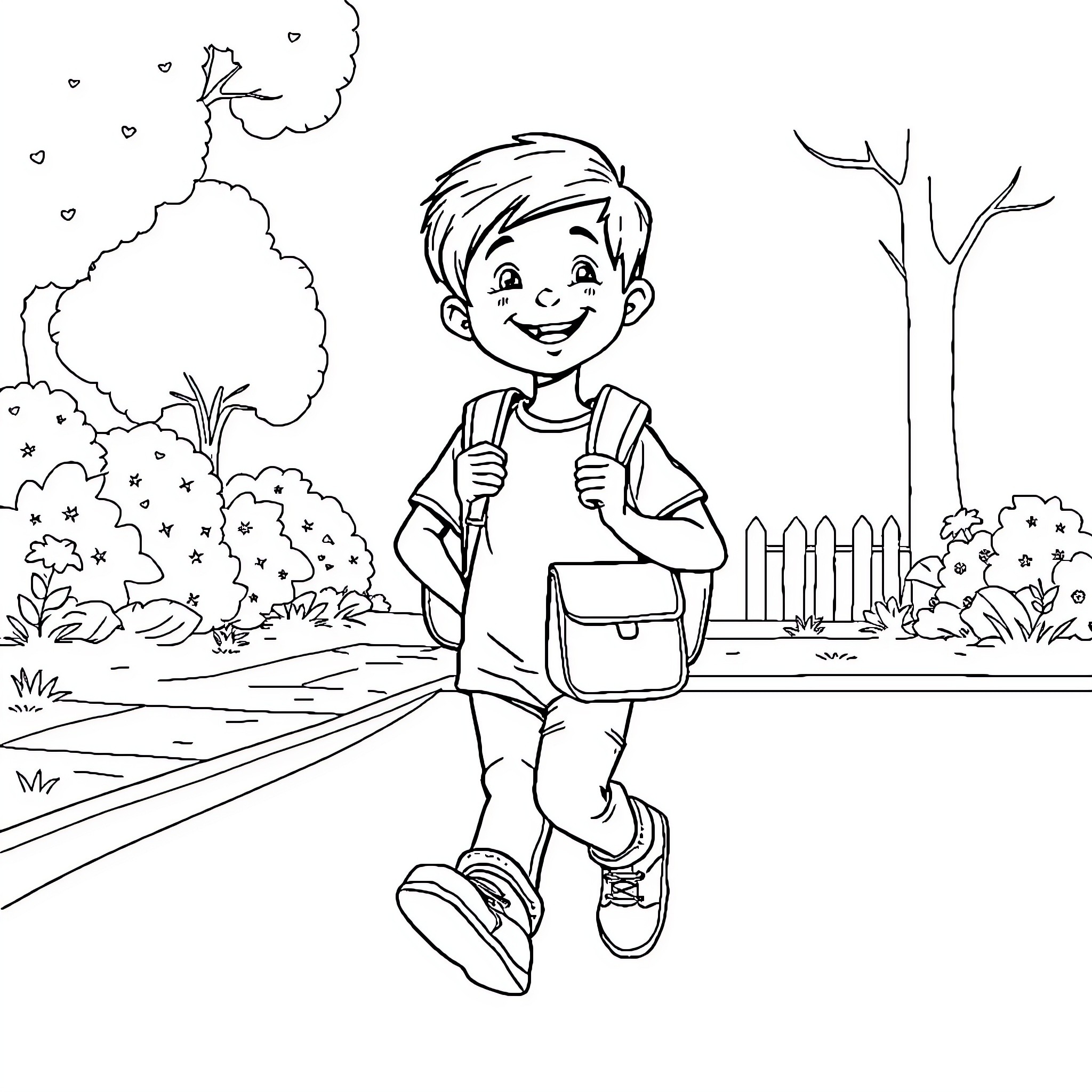 Child walking happily on a path through nature Coloring Page (free black-and-white line drawing printable PDF for all, from beginners to advanced learners, including children, teens, adults, and seniors)
