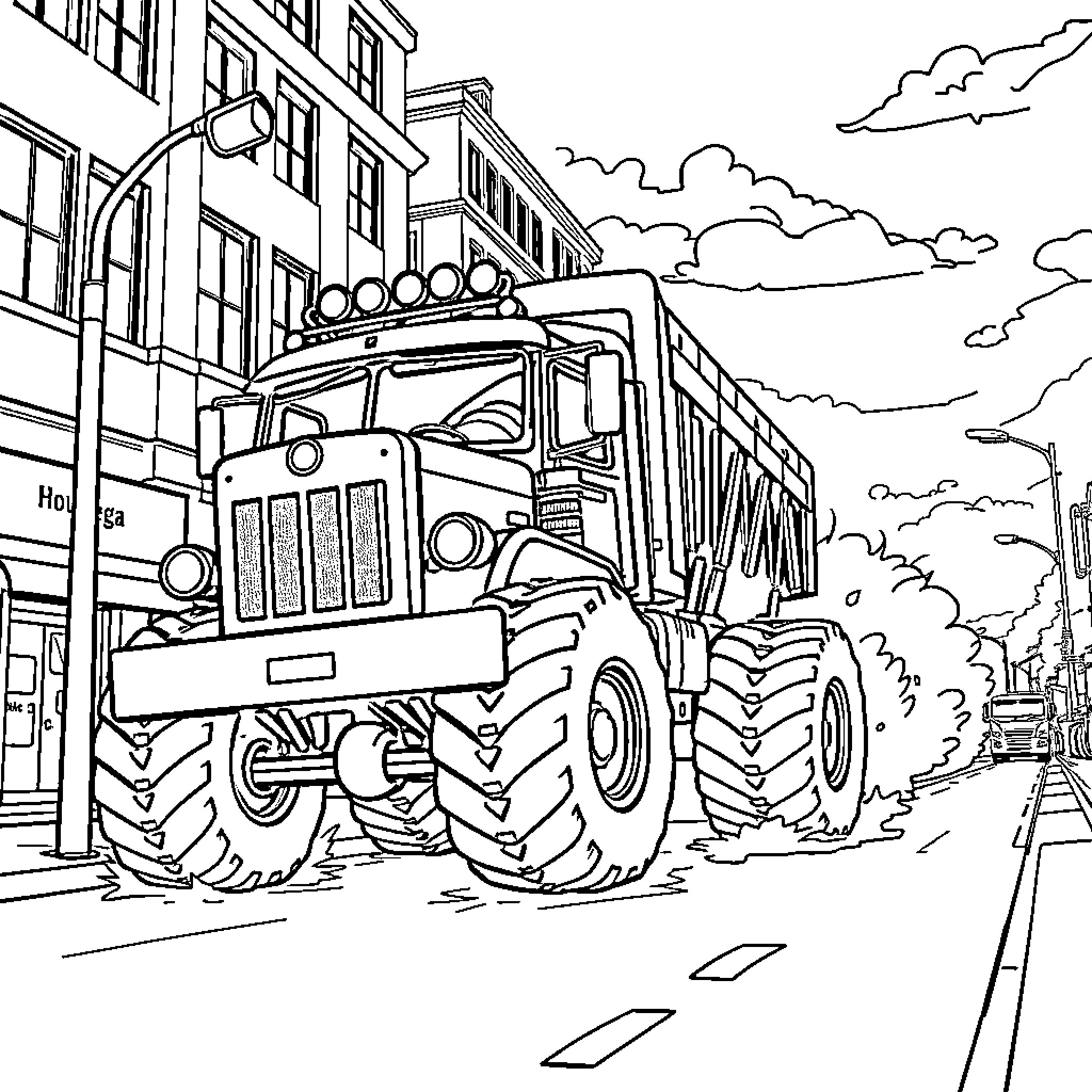 Monster Truck Crushing Through the City Streets Coloring Page (free black-and-white line drawing printable PDF for all, from beginners to advanced learners, including children, teens, adults, and seniors)
