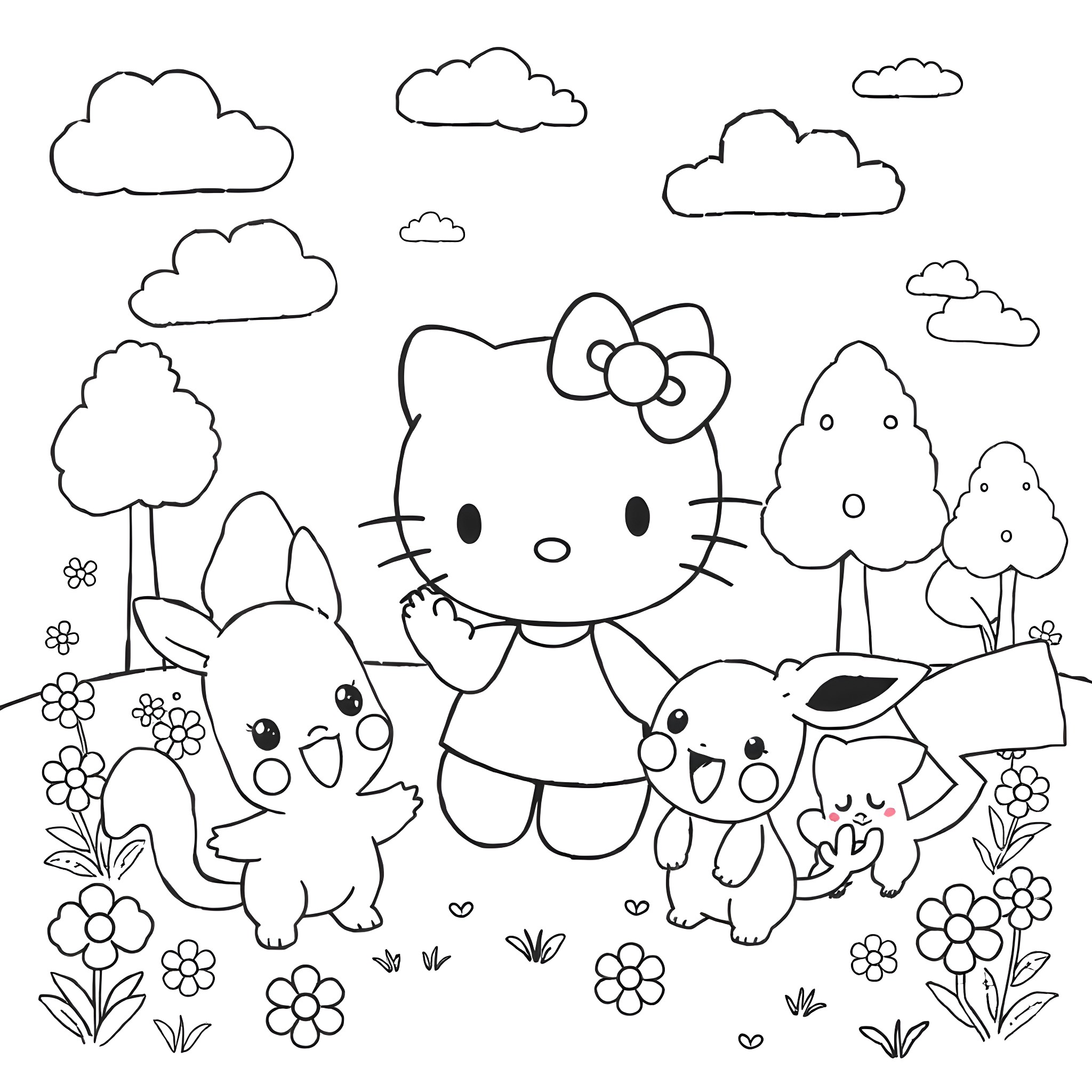 Hello Kitty and friends enjoying the outdoors Coloring Page (free black-and-white line drawing printable PDF for all, from beginners to advanced learners, including children, teens, adults, and seniors)