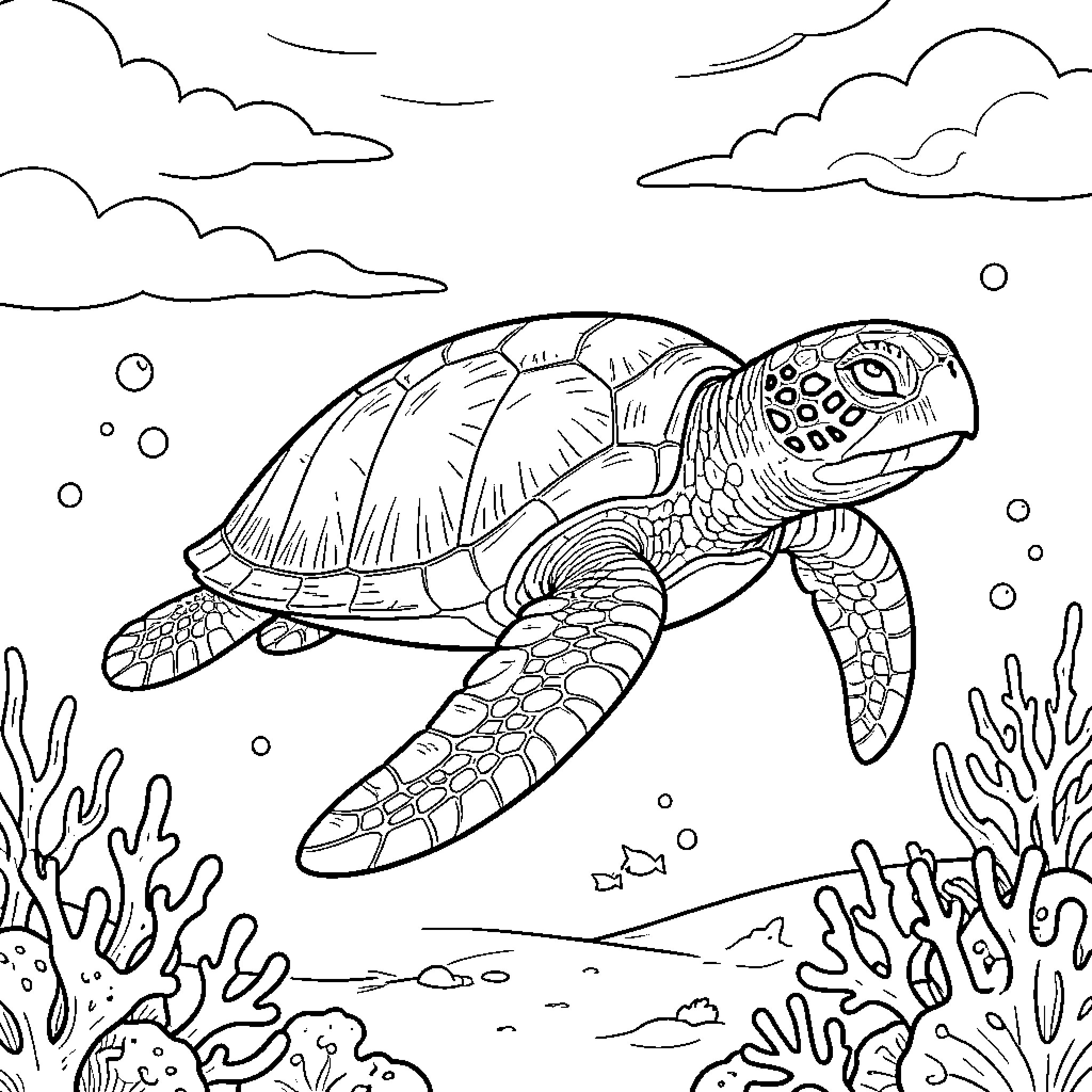 Sea Turtle swimming gracefully through a coral reef Coloring Page (free black-and-white line drawing printable PDF for all, from beginners to advanced learners, including children, teens, adults, and seniors)