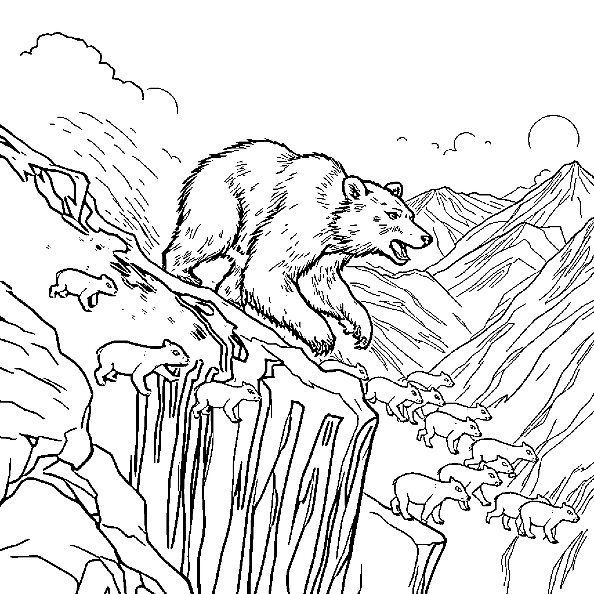 Grizzly Bears Navigating Rugged Mountainous Terrain Coloring Page (free black-and-white line drawing printable PDF for all, from beginners to advanced learners, including children, teens, adults, and seniors)