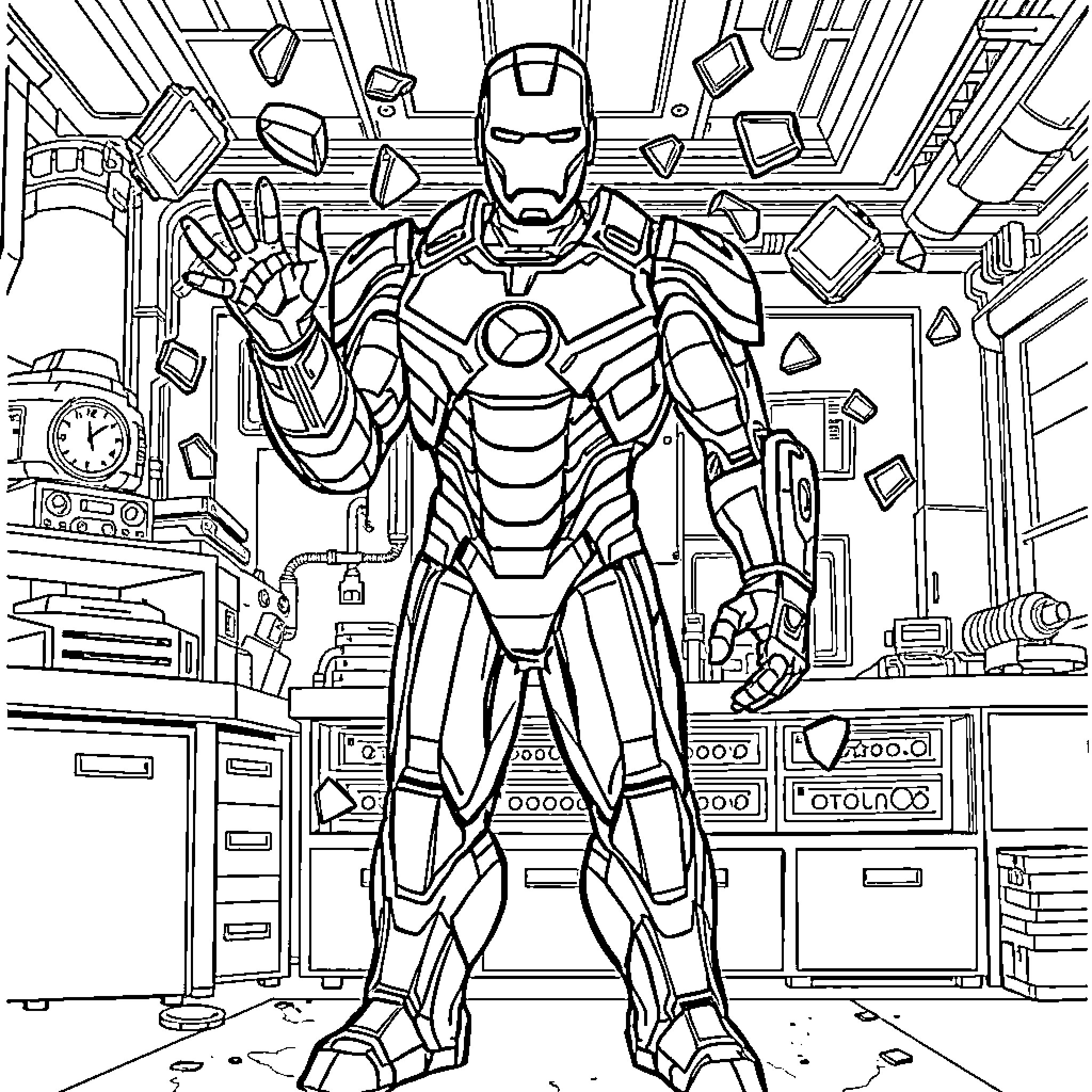 Iron Man in Heroic Pose in High-Tech Surroundings Coloring Page (free black-and-white line drawing printable PDF for all, from beginners to advanced learners, including children, teens, adults, and seniors)